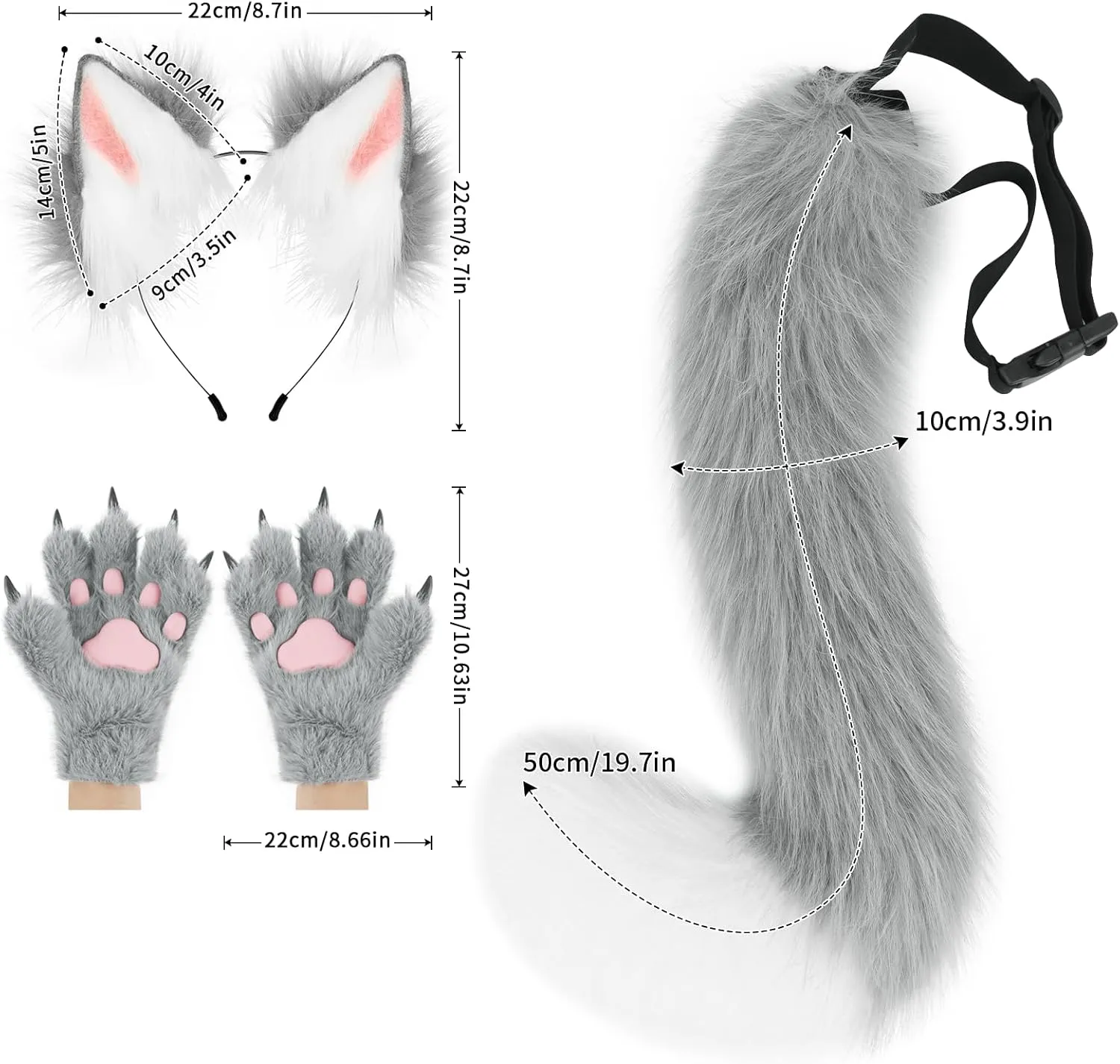 Fox Wolf Ears Headband Furry Tail Plush Cat Paw Mittens Gloves Set Halloween Party Cosplay Costumes Accessories