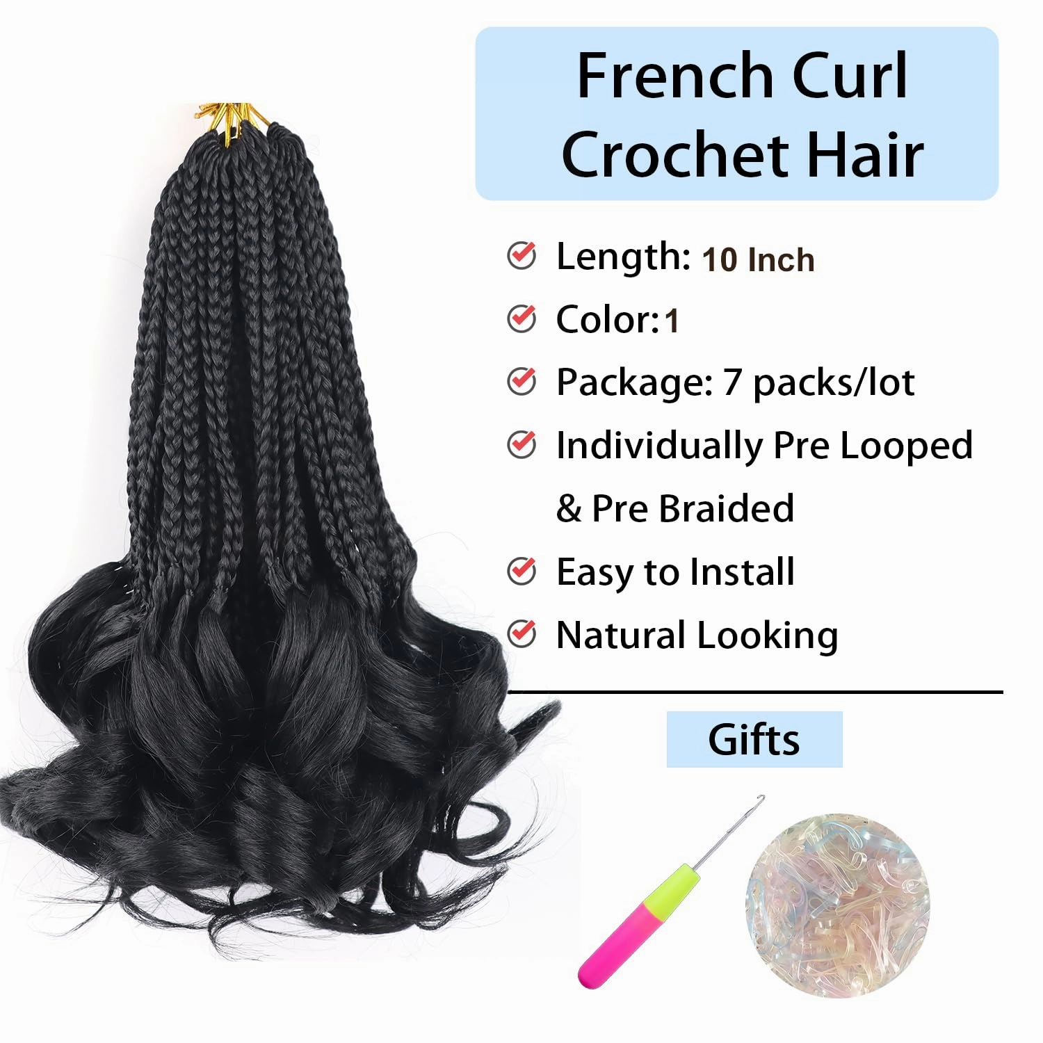 French Curl Braiding Hair Color 1 French Curl Crochet Braids 10 Inch Box Braids Crochet Hair for Women Kids Braiding Hair with Curly Ends Pre Looped Crochet Hair Braids Hair Extensions Braid(7Packs)