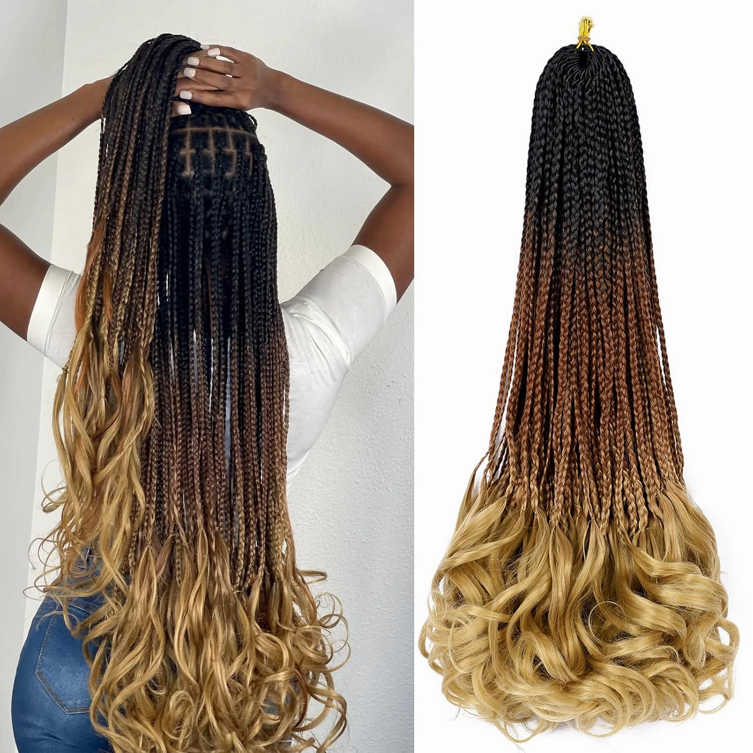 French Curl Crochet Braids 22 Inch 6 Packs Goddess Box Braids Crochet Hair Pre Looped French Curly Braiding Hair Crochet Box Braids With Curly Wavy Ends Synthetic Hair Extensions (#1B/30/27)