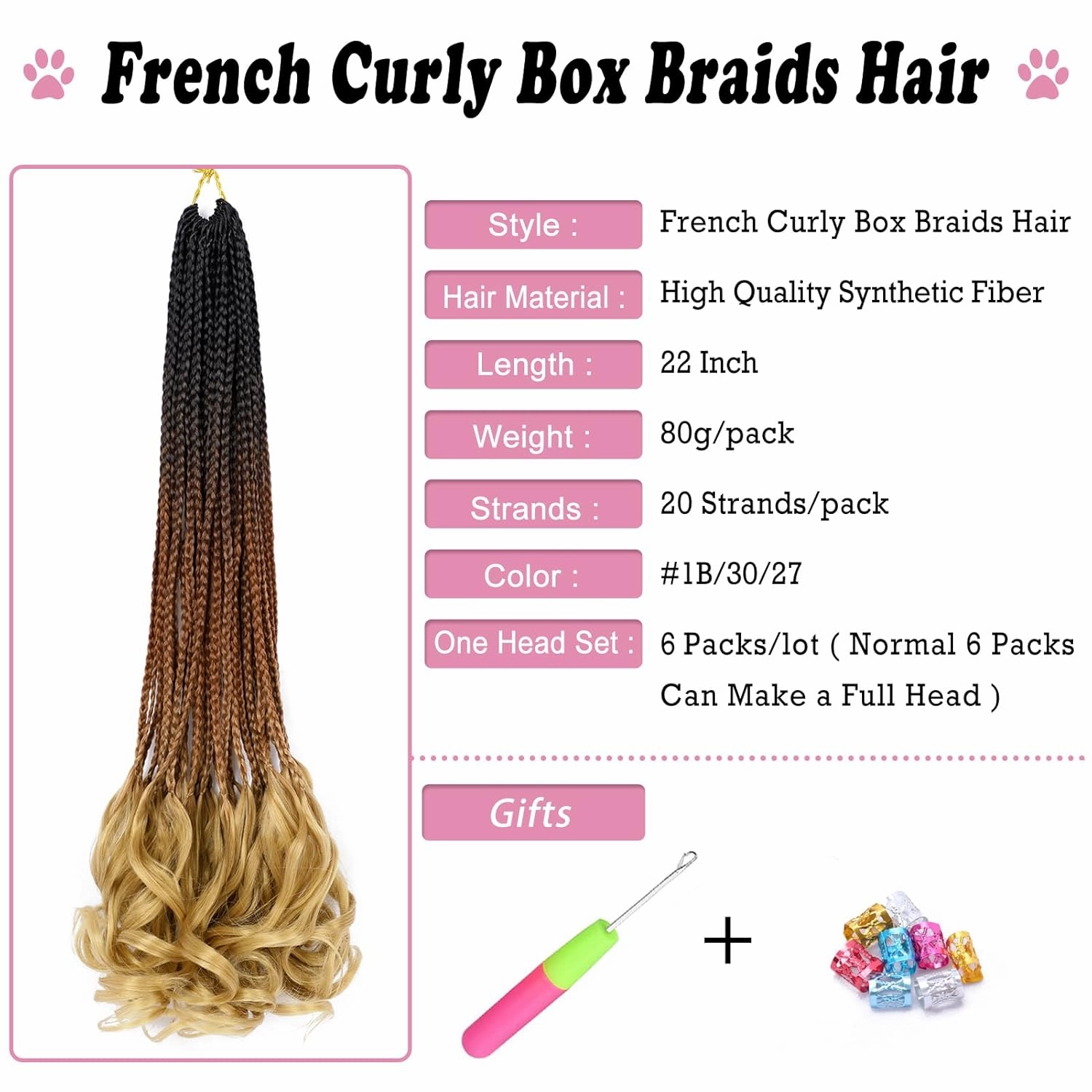 French Curl Crochet Braids 22 Inch 6 Packs Goddess Box Braids Crochet Hair Pre Looped French Curly Braiding Hair Crochet Box Braids With Curly Wavy Ends Synthetic Hair Extensions (#1B/30/27)