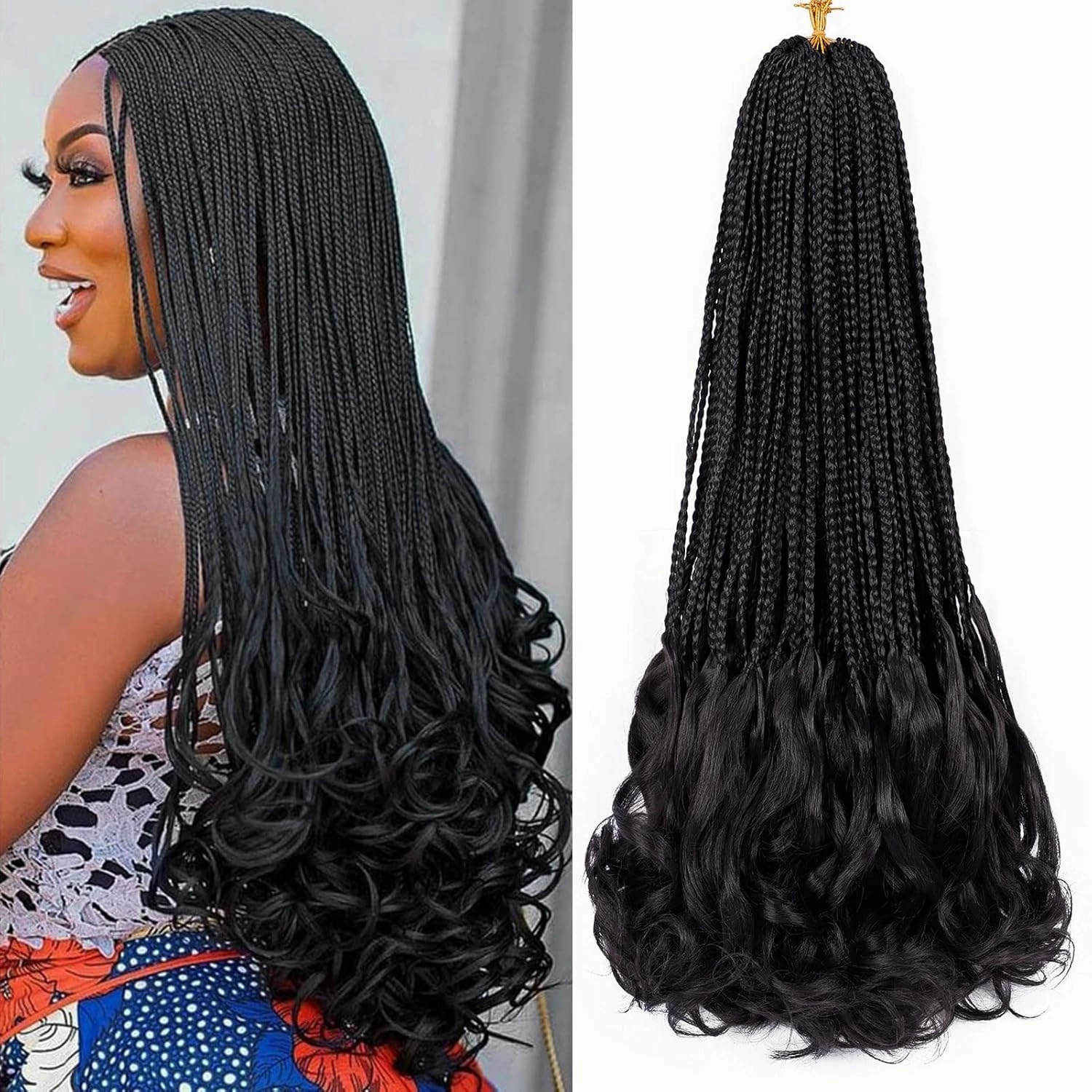 French Curl Crochet Braids 22 Inch 6 Packs Goddess Box Braids Crochet Hair Pre Looped French Curly Braiding Hair Crochet Box Braids With Curly Wavy Ends Synthetic Hair Extensions (#1B)