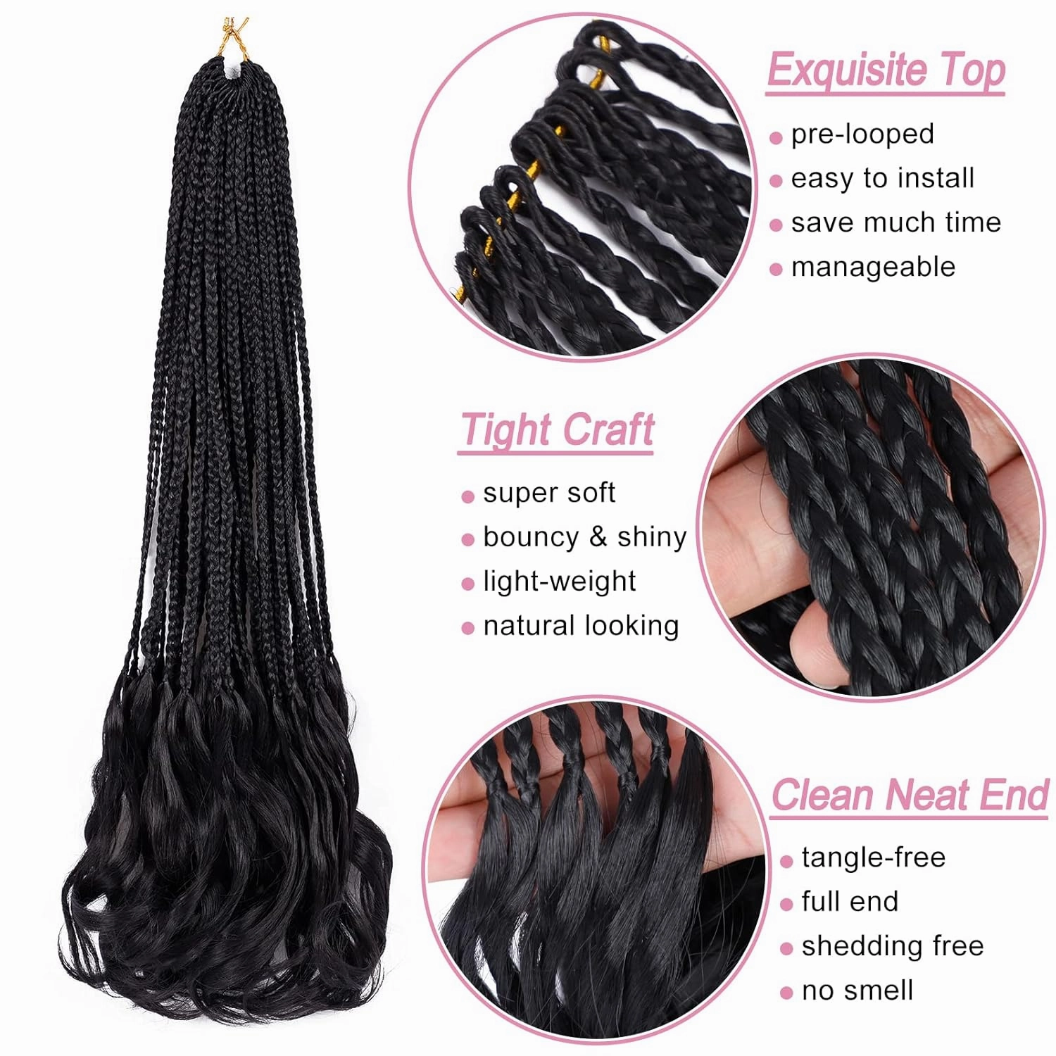 French Curl Crochet Braids 22 Inch 6 Packs Goddess Box Braids Crochet Hair Pre Looped French Curly Braiding Hair Crochet Box Braids With Curly Wavy Ends Synthetic Hair Extensions (#1B)