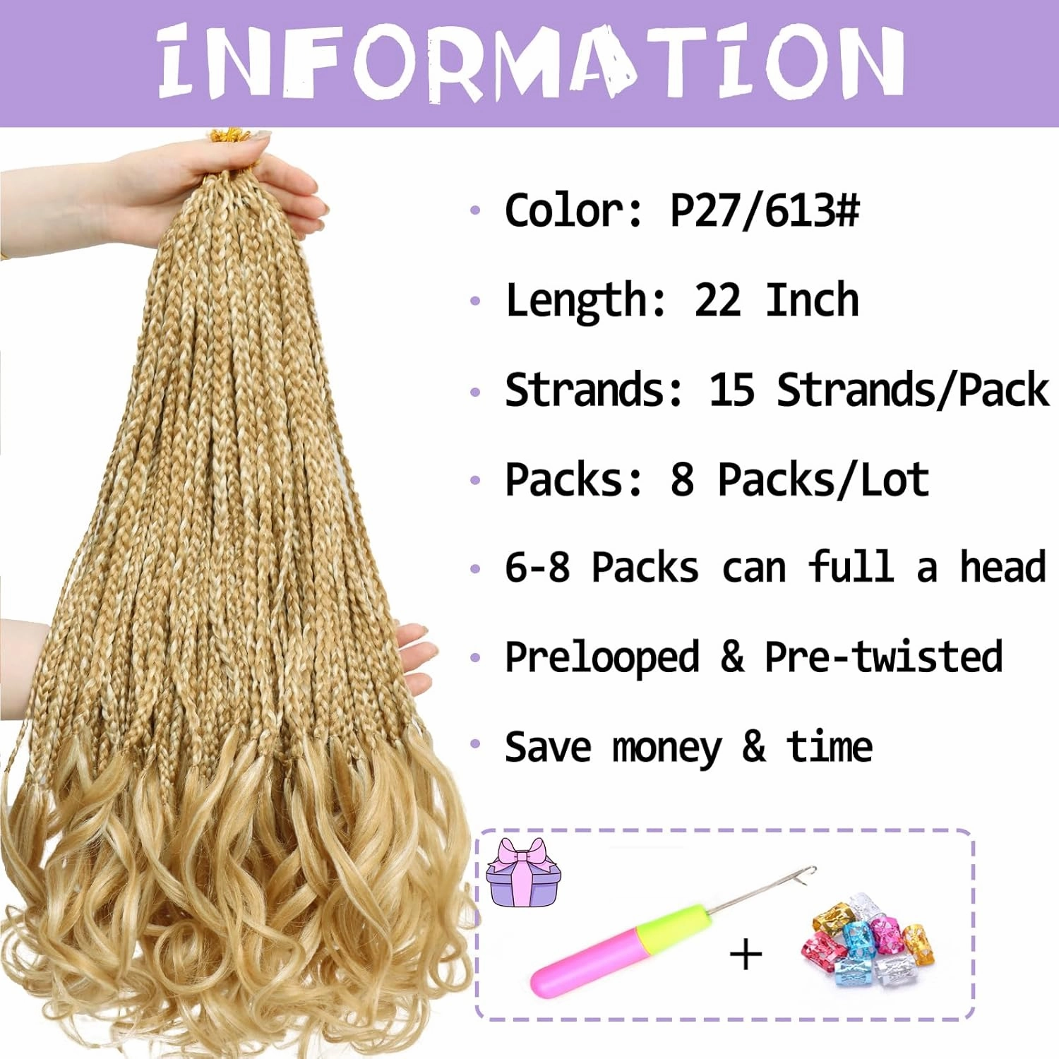 French Curl Crochet Braids 22 Inch 8 Packs Goddess Box Braids Crochet Hair for Women Pre Looped Crochet Box Braids with Curly Ends Synthetic French Curly Braiding Hair Extensions (P27/613)