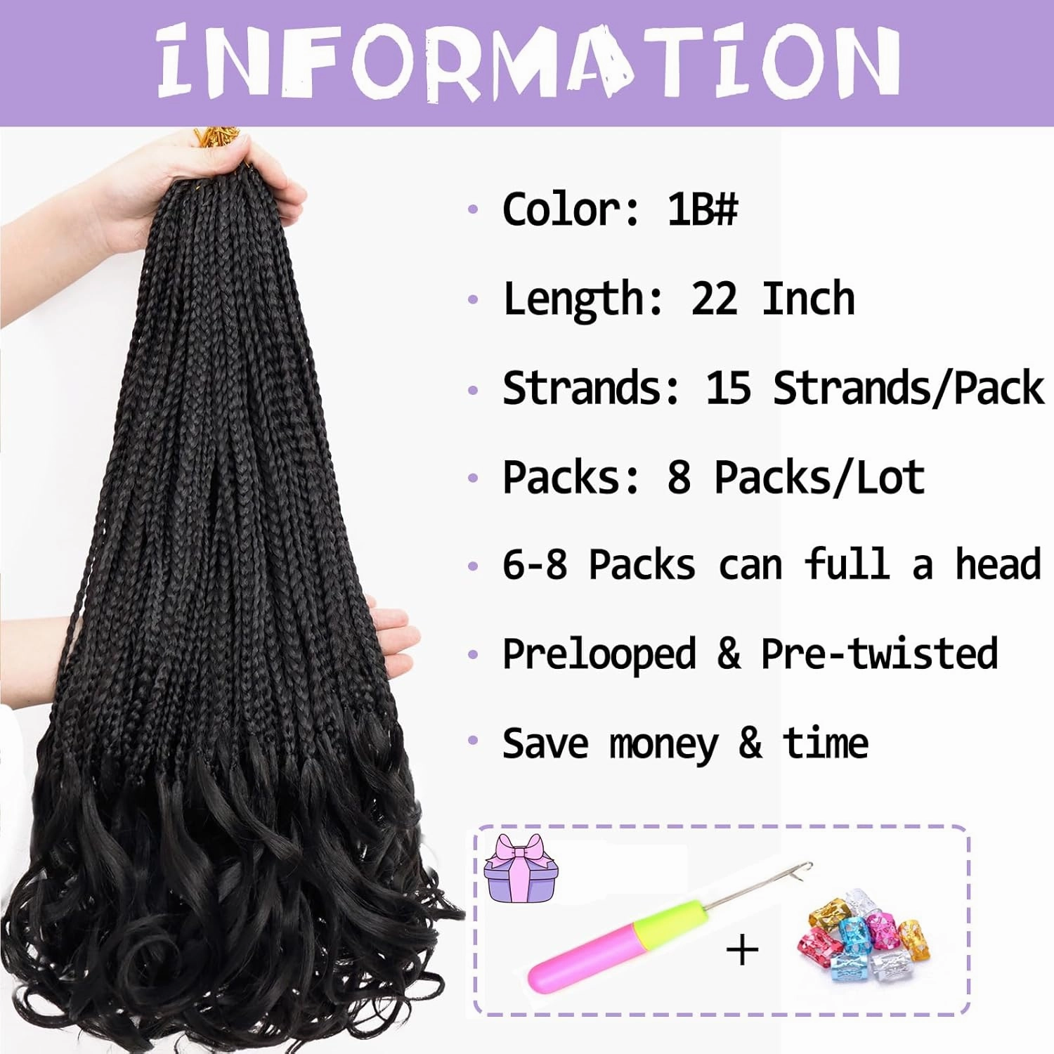 French Curl Crochet Braids 22 Inch Goddess Box Braids Crochet Hair for Women 8 Packs Pre Looped Crochet Box Braids with Curly Ends Synthetic French Curly Braiding Hair Extensions (1B#)