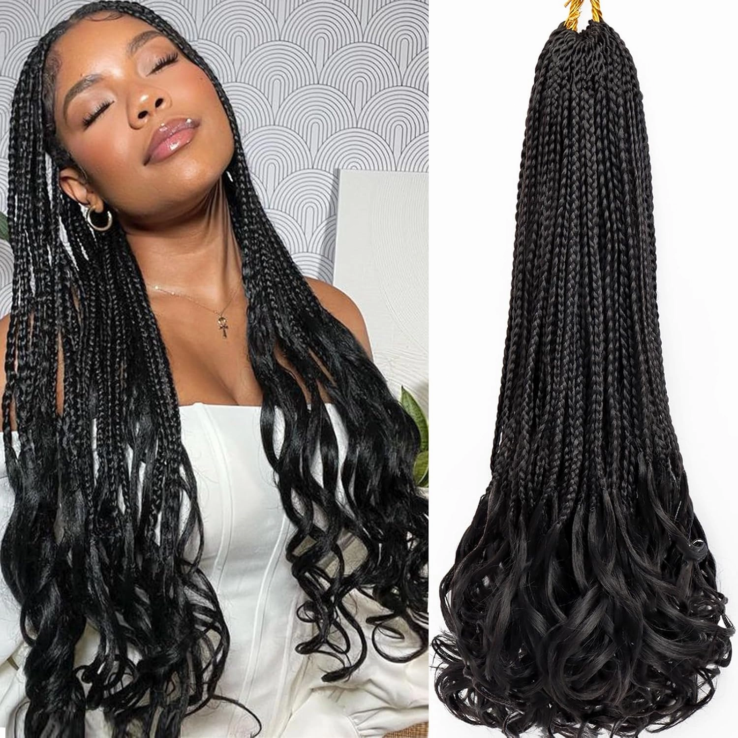 French Curl Crochet Braids 22 Inch Goddess Box Braids Crochet Hair for Women 8 Packs Pre Looped Crochet Box Braids with Curly Ends Synthetic French Curly Braiding Hair Extensions (1B#)
