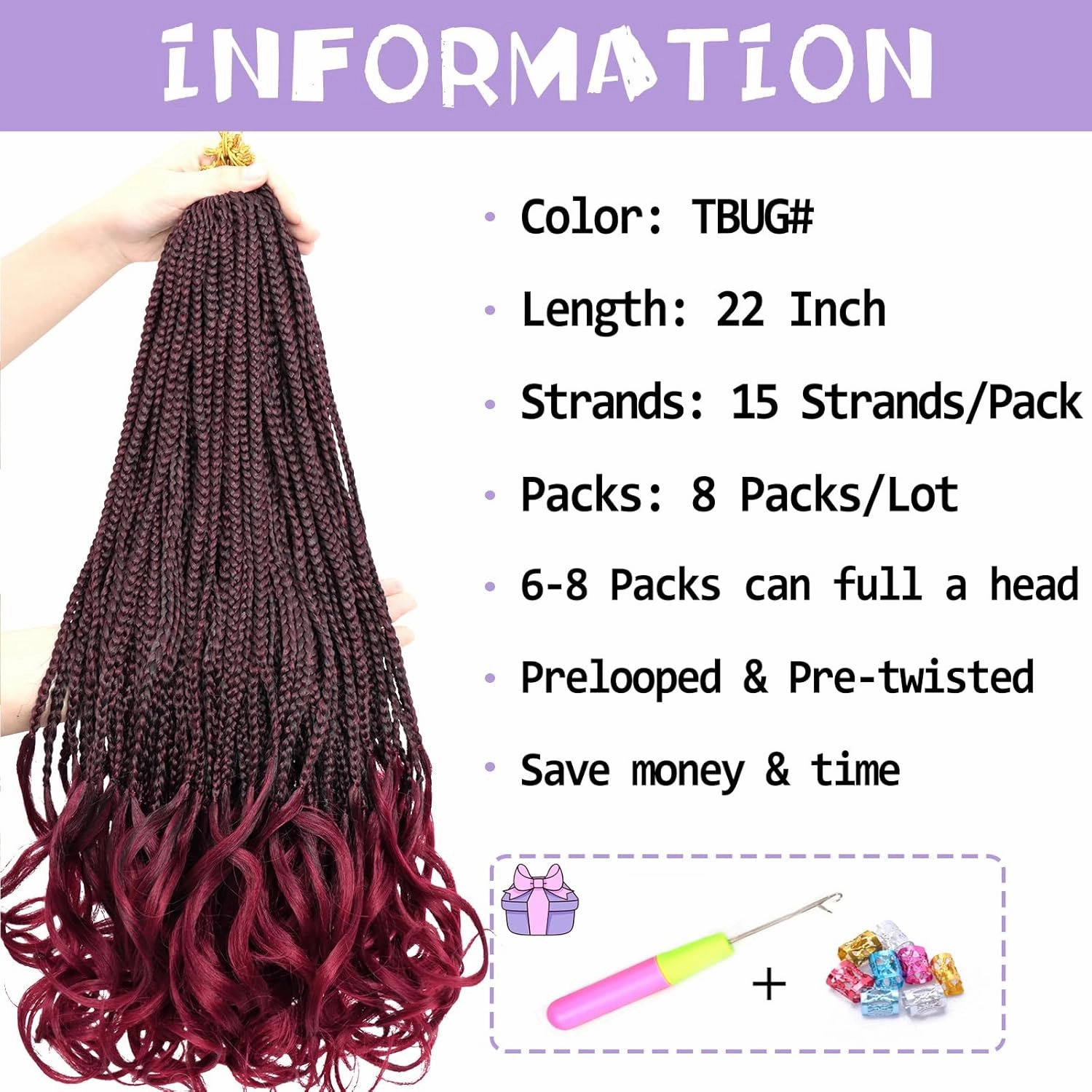 French Curl Goddess Box Braids 22 Inch 8 Packs Pre Looped Crochet Box Braids with Curly Ends Synthetic French Curly Braiding Hair Extensions (1B/BUG)