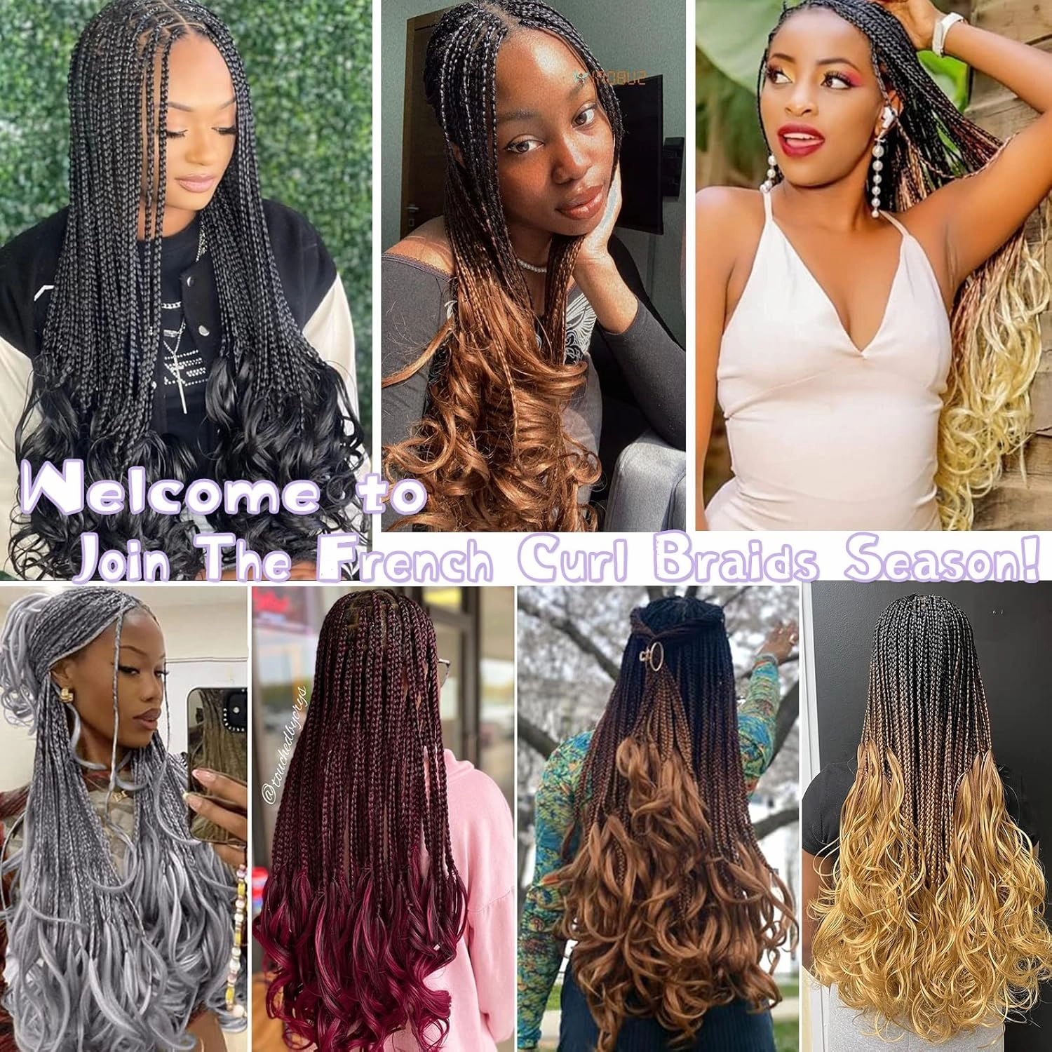 French Curl Goddess Box Braids 22 Inch 8 Packs Pre Looped Crochet Box Braids with Curly Ends Synthetic French Curly Braiding Hair Extensions (1B/BUG)