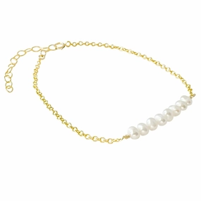 Freshwater Pearl Adjustable Handmade Gold Bracelet. Dainty Minimalist 14K Yellow Gold Filled Thin Chain Handcrafted Bracelet. June Birthstone Genuine White Pearls. Mother's Day Anniversary Gift