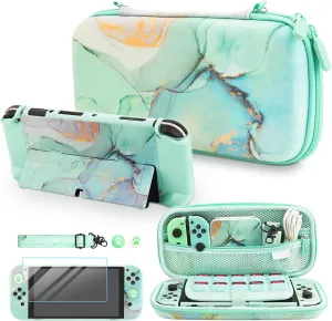 FUNDIARY Carrying Case for Nintendo Switch OLED, Shockproof Hard Shell Portable Travel Bag for Accessories Kit with PC Protective Cover, Screen Protector, Shoulder Strap & 2 Thumb Grips, Green Marble