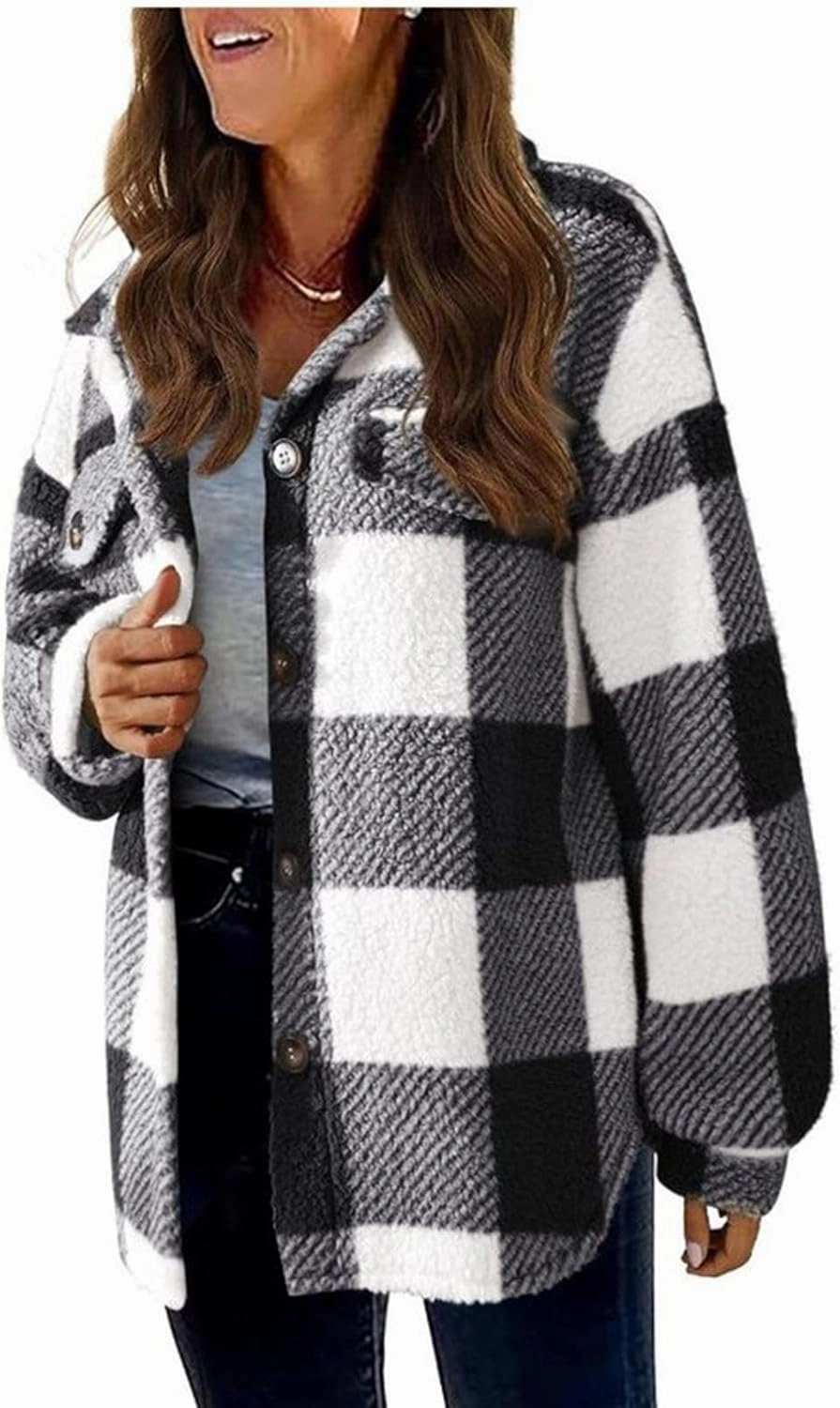 Fuzzy Fleece Jackets For Women Casual Fashion 2023 Plaid Button Down Shacket Warm Winter Sherpa Coats Outwear