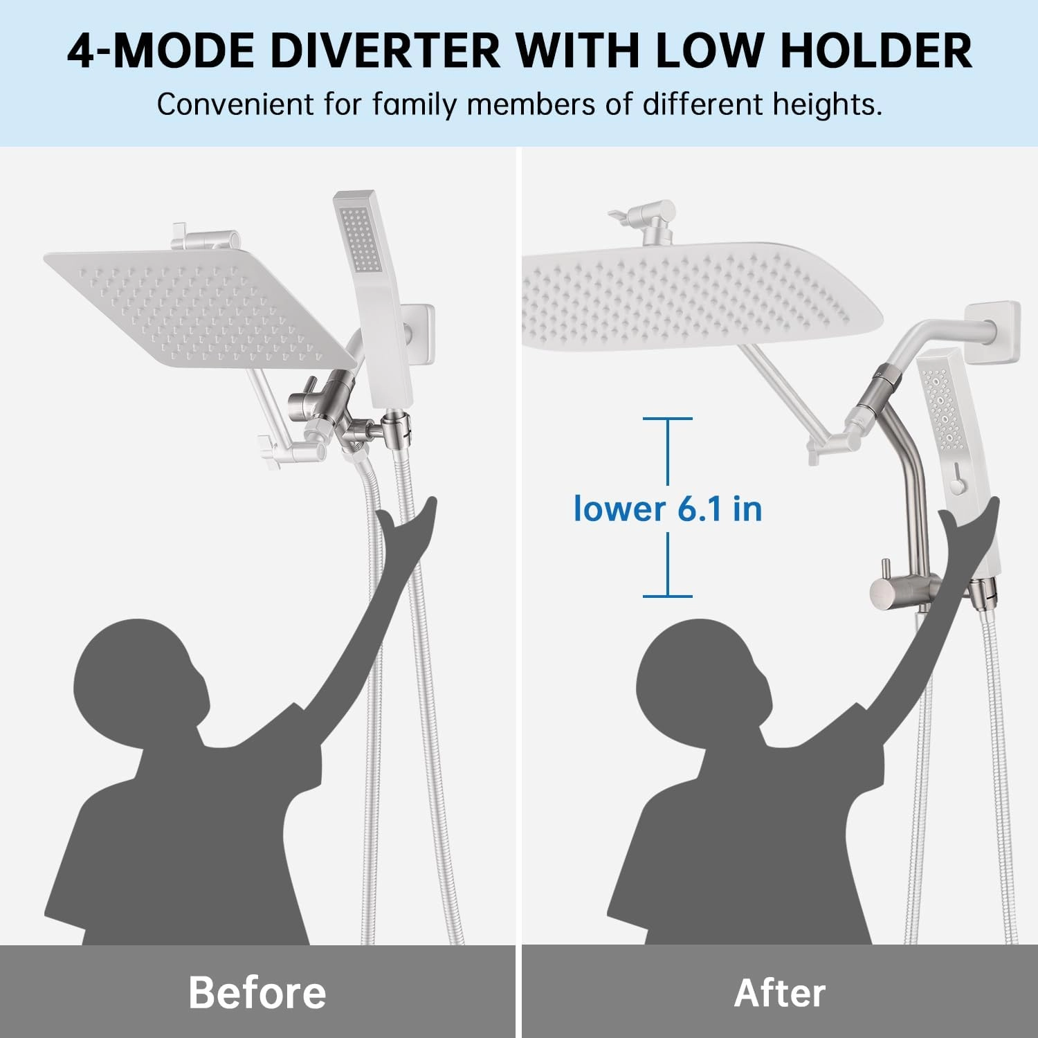 G-Promise All Metal 14 Inch Shower Head with Massage Mode Handheld, Rain Shower Head with Handheld Spray Combo, 3-Way Diverter with Pause Setting, 12 Inch Adjustable Extension Arm (Brushed Nickel)