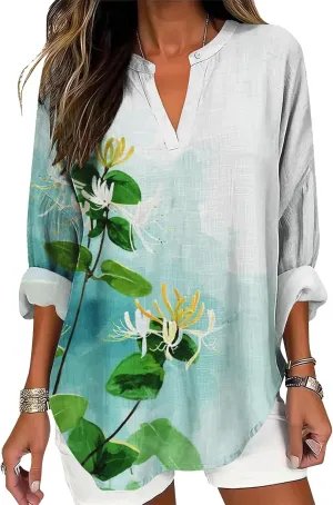Geleglaer Womens Soft Graphic Print Shirts Casual Loose Tunic Pullover Long Sleeve V Neck Shirt 2025 Novelty Soft Tee