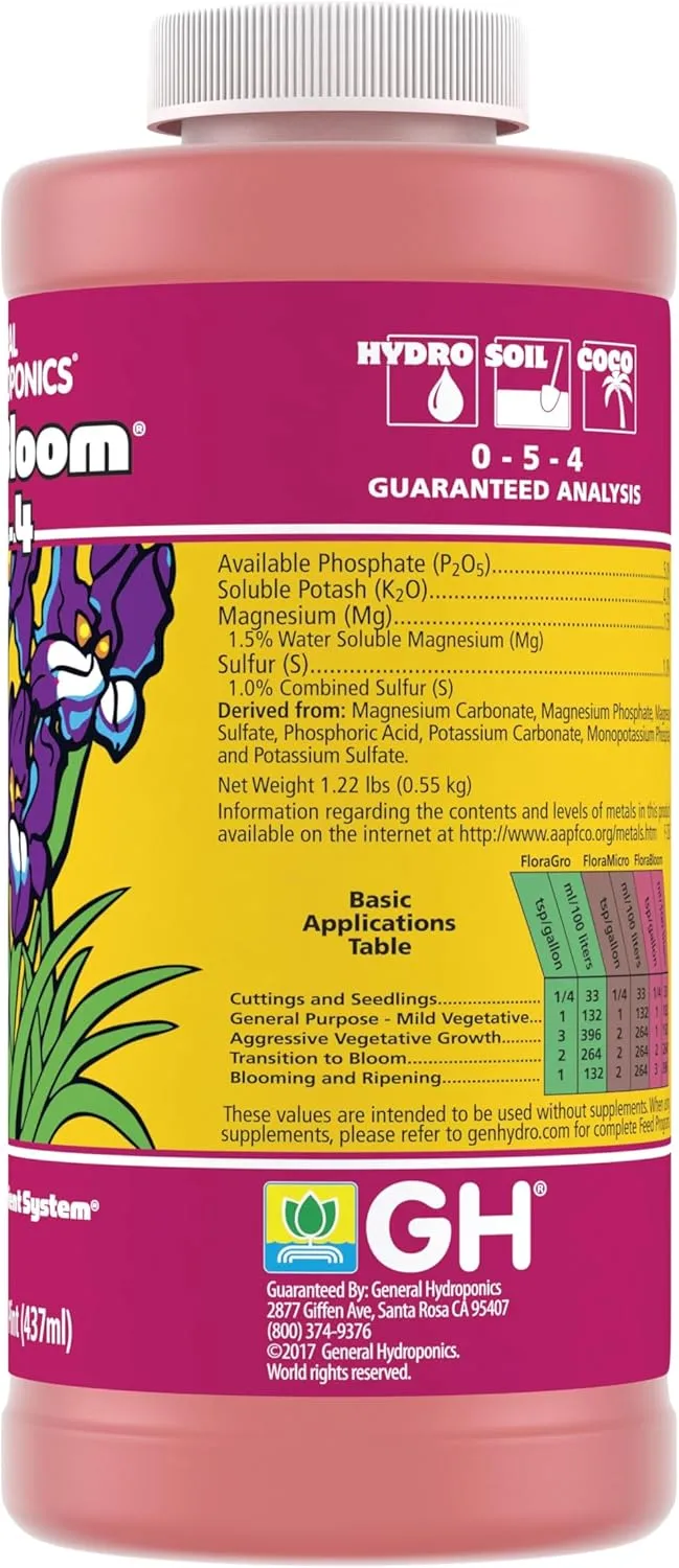 General Hydroponics Florabloom Plant Food, Flora Series Advanced Nutrient System, for Hydroponic Applications and Container Plants, 0-5-4, 16 oz.