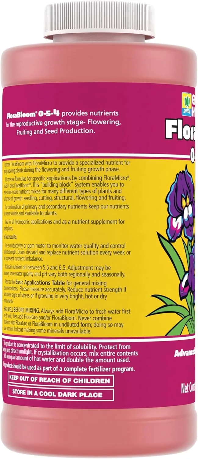 General Hydroponics Florabloom Plant Food, Flora Series Advanced Nutrient System, for Hydroponic Applications and Container Plants, 0-5-4, 16 oz.