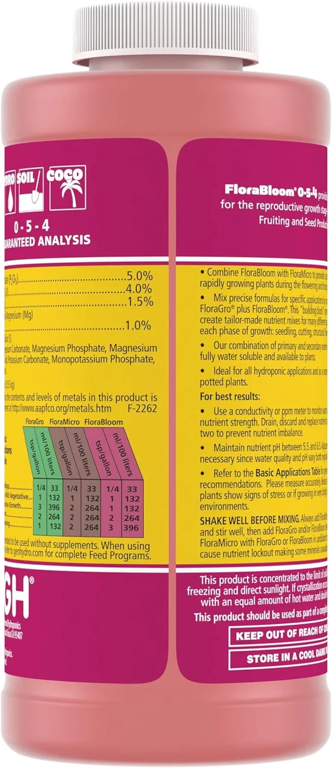 General Hydroponics Florabloom Plant Food, Flora Series Advanced Nutrient System, for Hydroponic Applications and Container Plants, 0-5-4, 16 oz.