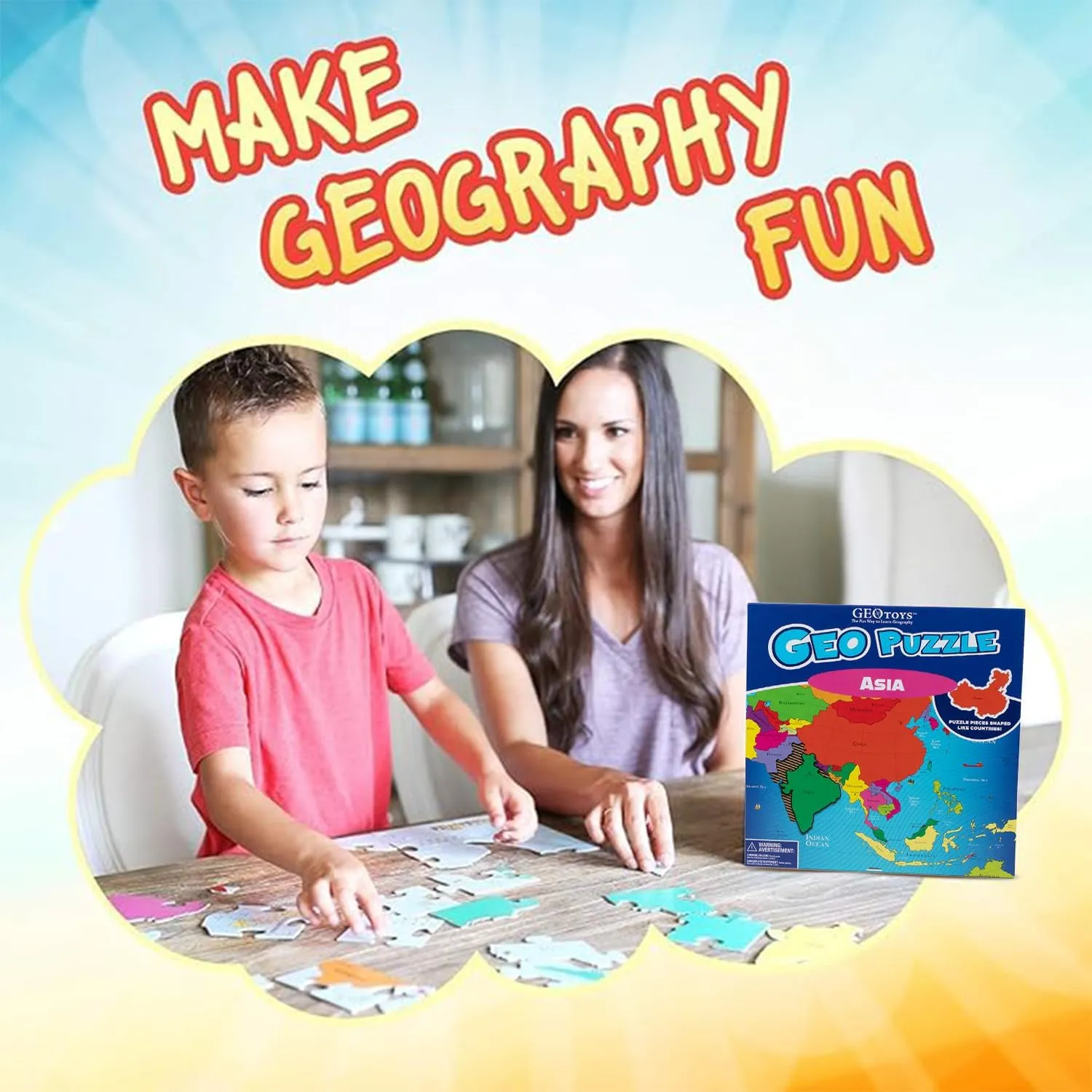GeoToys GeoPuzzle, Asia Shaped Jigsaw Puzzles, 50 Pc Geography Puzzle, Geography Game & Map Puzzle, Jigsaw Puzzles for Kids Ages 6-9 Years Old