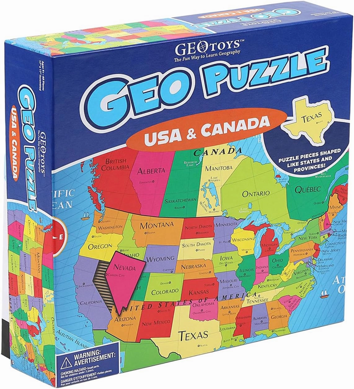 GeoToys GeoPuzzle, USA & Canada Shaped Jigsaw Puzzles, 69 Pc Geography Puzzle, Geography Game, Map Puzzle - Jigsaw Puzzles for Kids Ages 6-9 Years Old