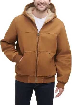 GH Bass Men's Cotton Canvas Bomber with Buffalo Plaid Flannel Sherpa Hood