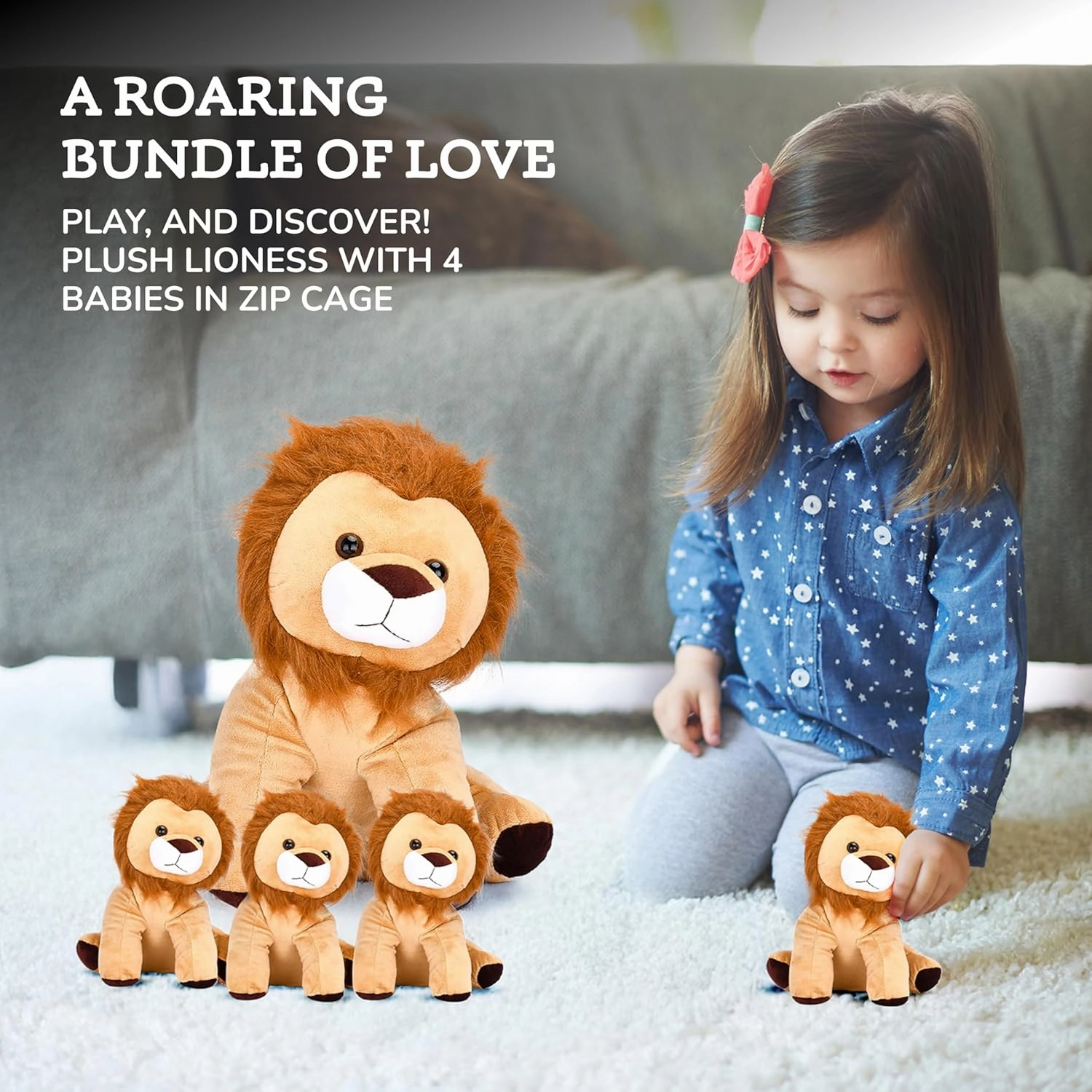Giant Lion Stuffed Animal with 4 Adorable Baby Lions Inside - Ideal Gift for Kids, Adults - Soft, Fluffy and Cuddly - Stuffed Lion Plush - Light Brown, 23.6x19.7 inches