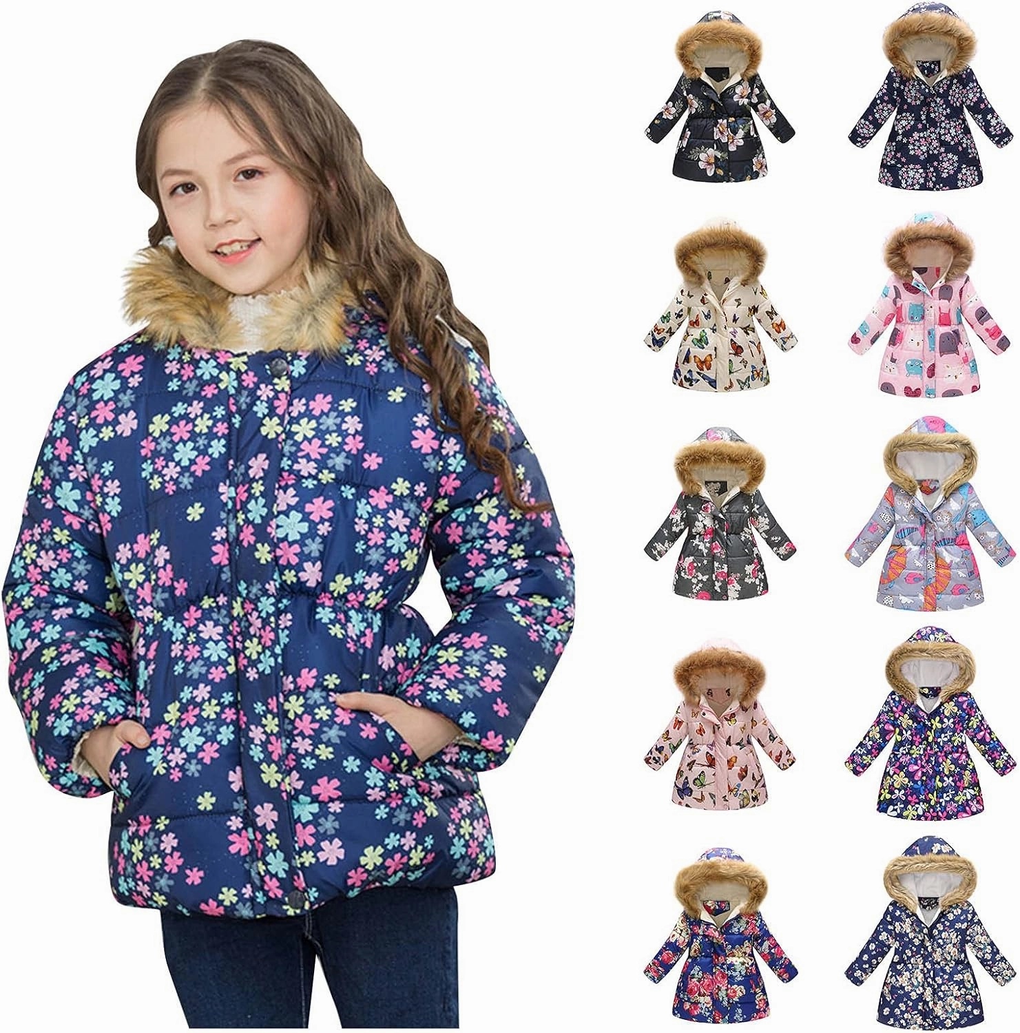 Girl's Long Parka Jacket Fleece Lined Heavyweight Hooded Puffer Jacket with Faux Fur Collar Kids Padded Down Coat