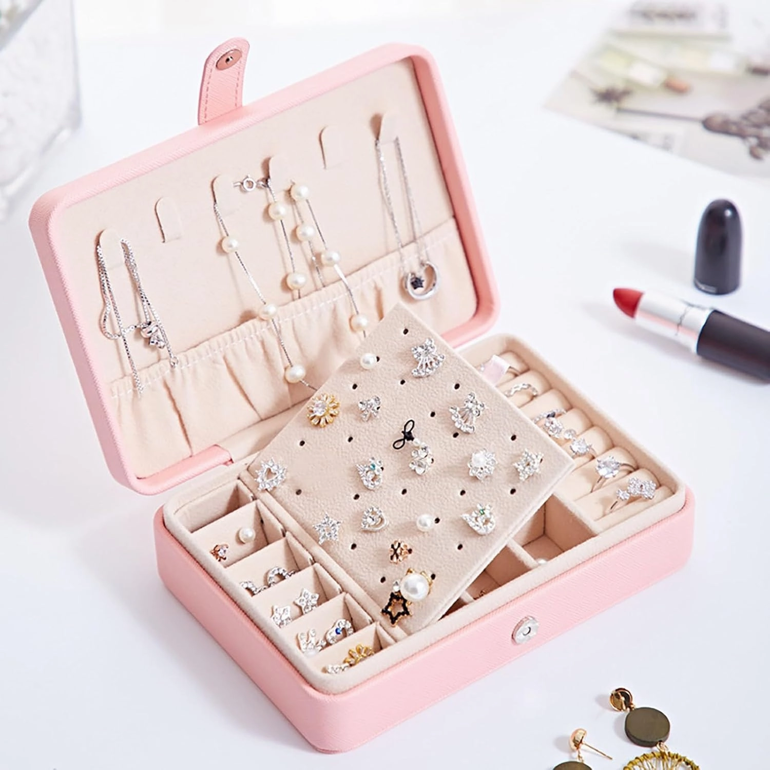Girls Jewelry Box,2-Layer Portable PU Leather Jewelry Organizer with Removable Tray,Jewelry Case,Small Jewelry Box for Bracelets Christmas Gifts Necklace Ring Earring