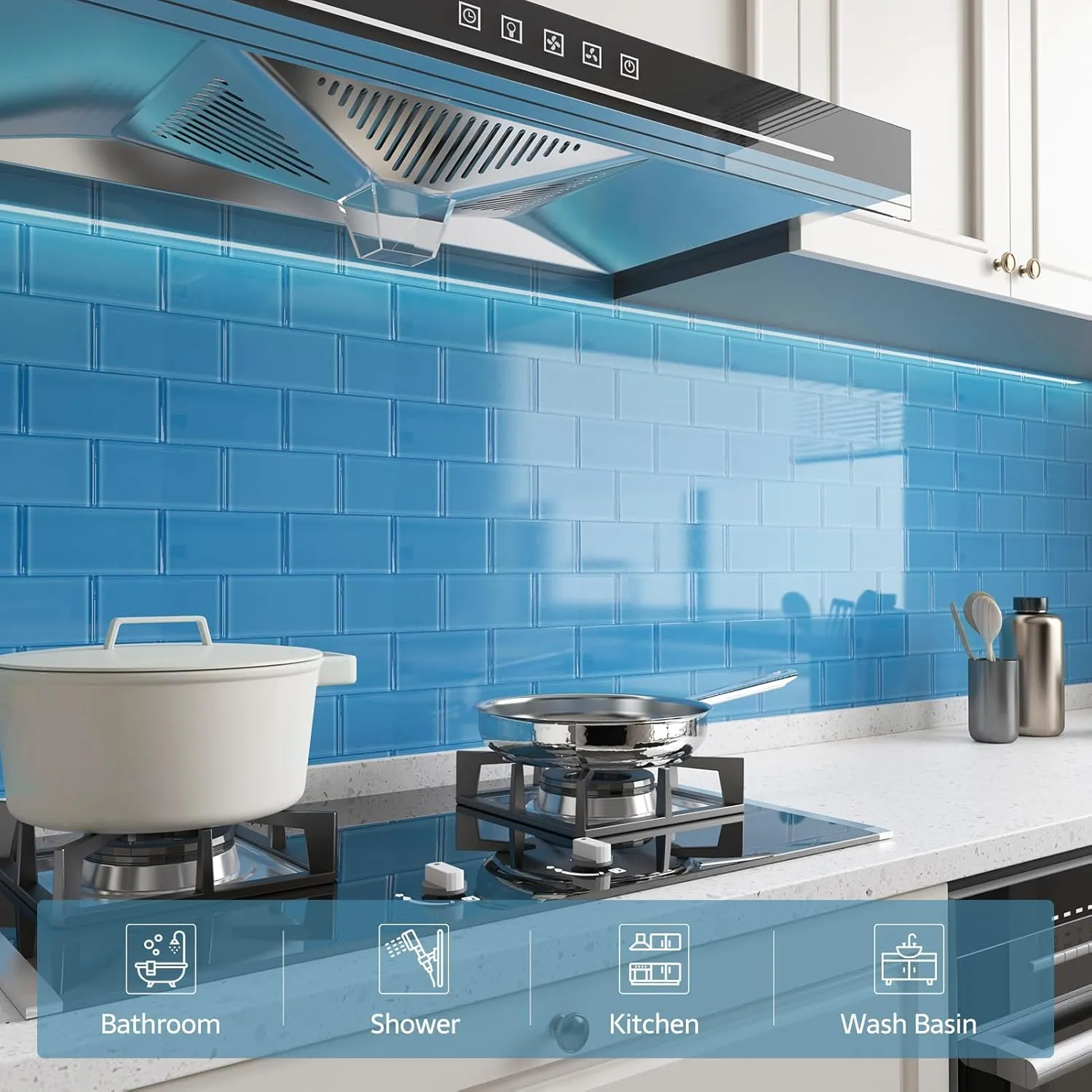 Glass Subway Tile, 3x6 Inch Glass Tile for Kitchen Backsplash Bathroom Shower Wall Blue (32 Pcs 4 sq.ft)