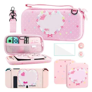 GLDRAM Pink Carrying Case for Nintendo Switch, Cute Anime Bunny Accessories Bundle with Portable Travel Bag, Soft TPU Switch Skin, Screen Protector, Game Case, Shoulder Strap & 2 Thumb Caps