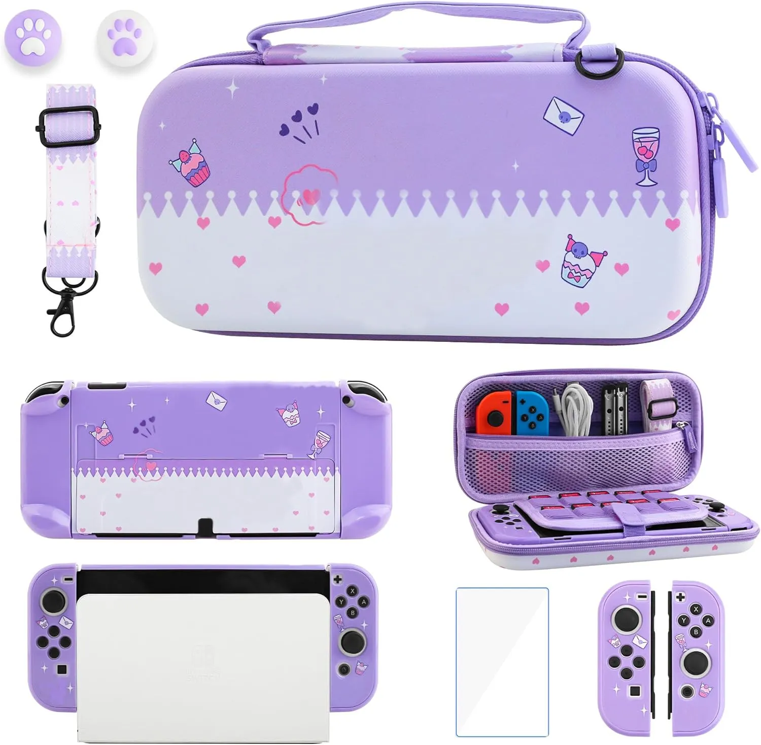 GLDRAM Purple Carrying Case for Nintendo Switch OLED, Cute Anime Accessories Kit of Bunny with Shockproof Travel Bag, Hard PC Protective OLED Cover, Screen Protector, Shoulder Strap & 2 Thumb Caps