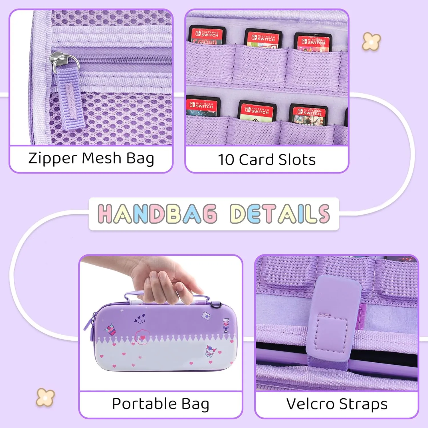 GLDRAM Purple Carrying Case for Nintendo Switch OLED, Cute Anime Accessories Kit of Bunny with Shockproof Travel Bag, Hard PC Protective OLED Cover, Screen Protector, Shoulder Strap & 2 Thumb Caps