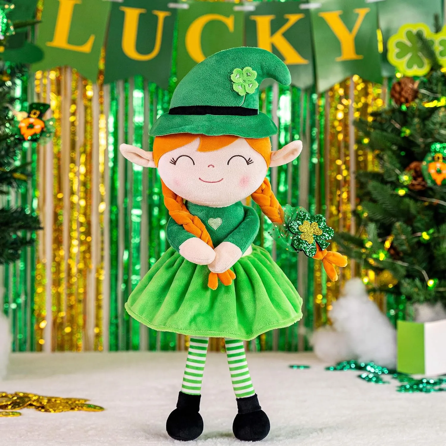 Gloveleya Plush Dolls Saint Patrick's Day Gifts Soft Blessings Doll Shamrock Wishes Plush Elf Baby Girl Gifts 16" Green
