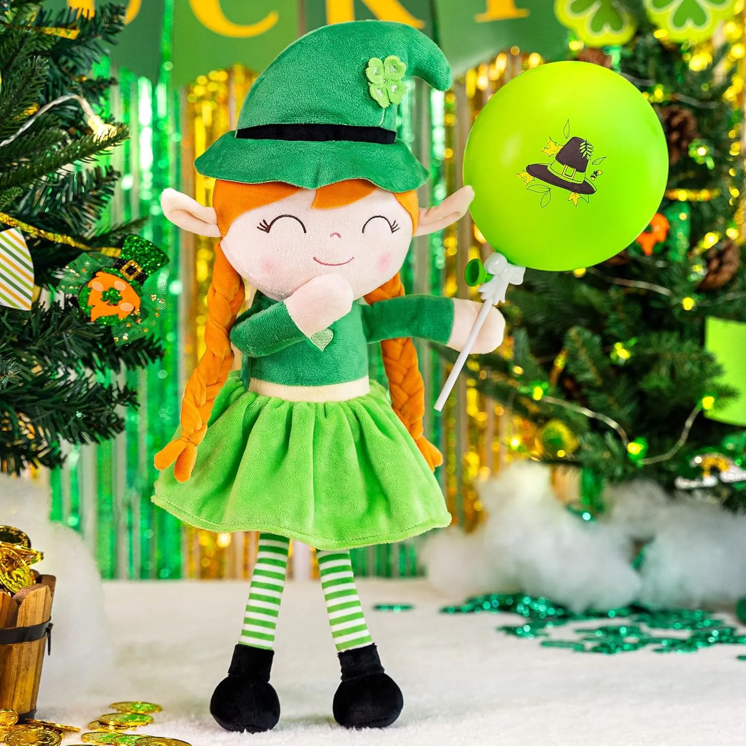 Gloveleya Plush Dolls Saint Patrick's Day Gifts Soft Blessings Doll Shamrock Wishes Plush Elf Baby Girl Gifts 16" Green