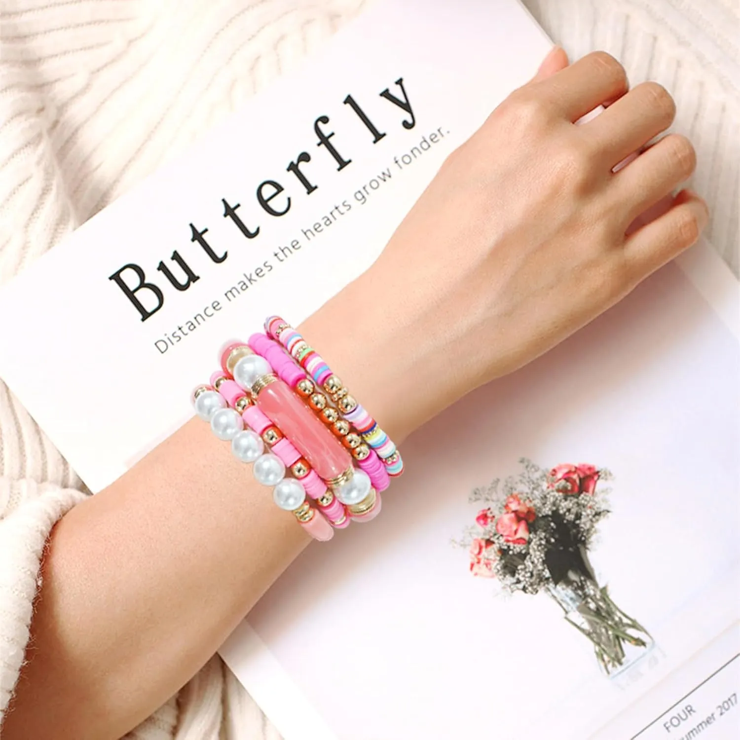 GOOJIDS Simple Beaded Gold Bangles Bracelet Chunky Bamboo Tube Curved Stacking Clear Acrylic Colorful Beads Stretchable Gold Bracelets Set For Women