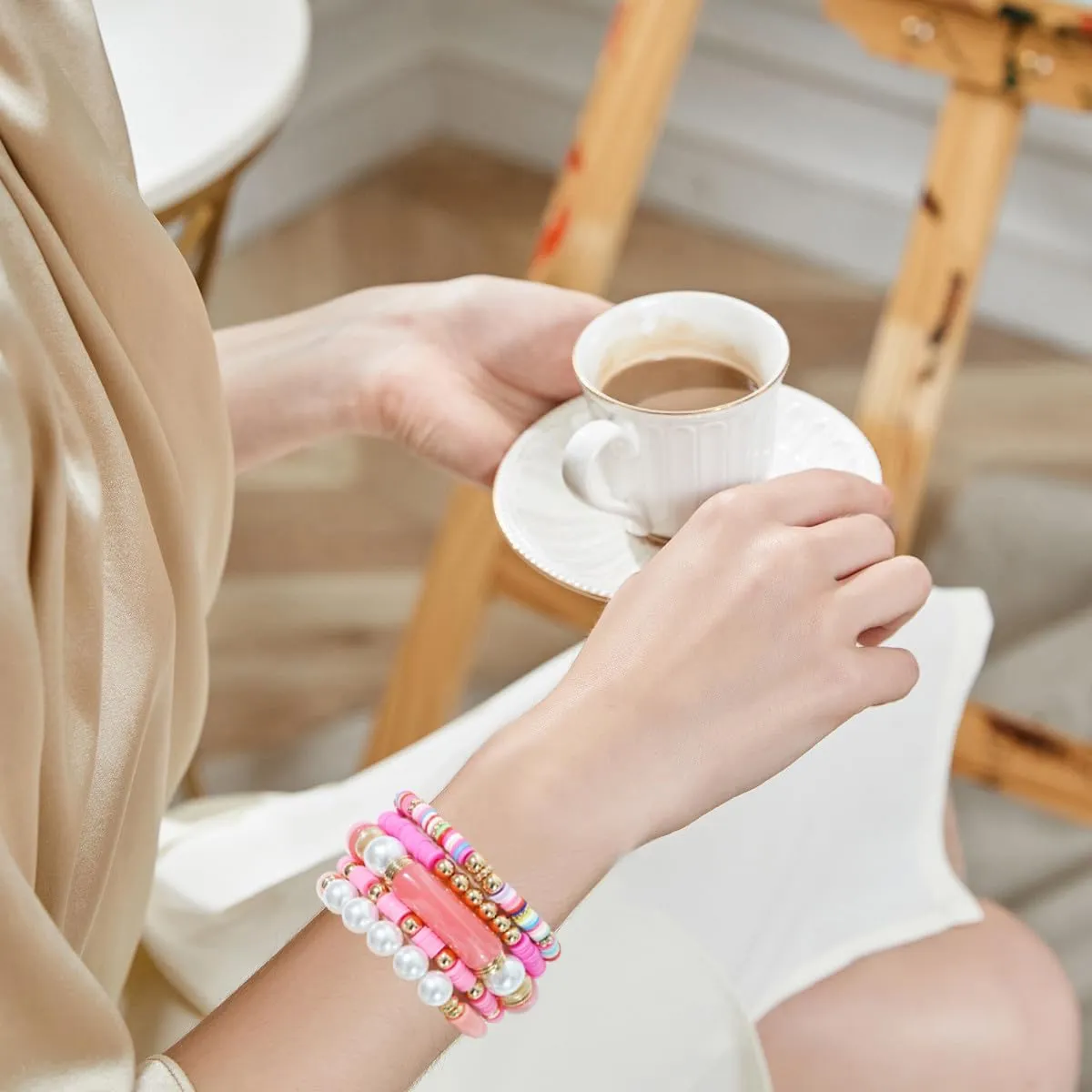 GOOJIDS Simple Beaded Gold Bangles Bracelet Chunky Bamboo Tube Curved Stacking Clear Acrylic Colorful Beads Stretchable Gold Bracelets Set For Women
