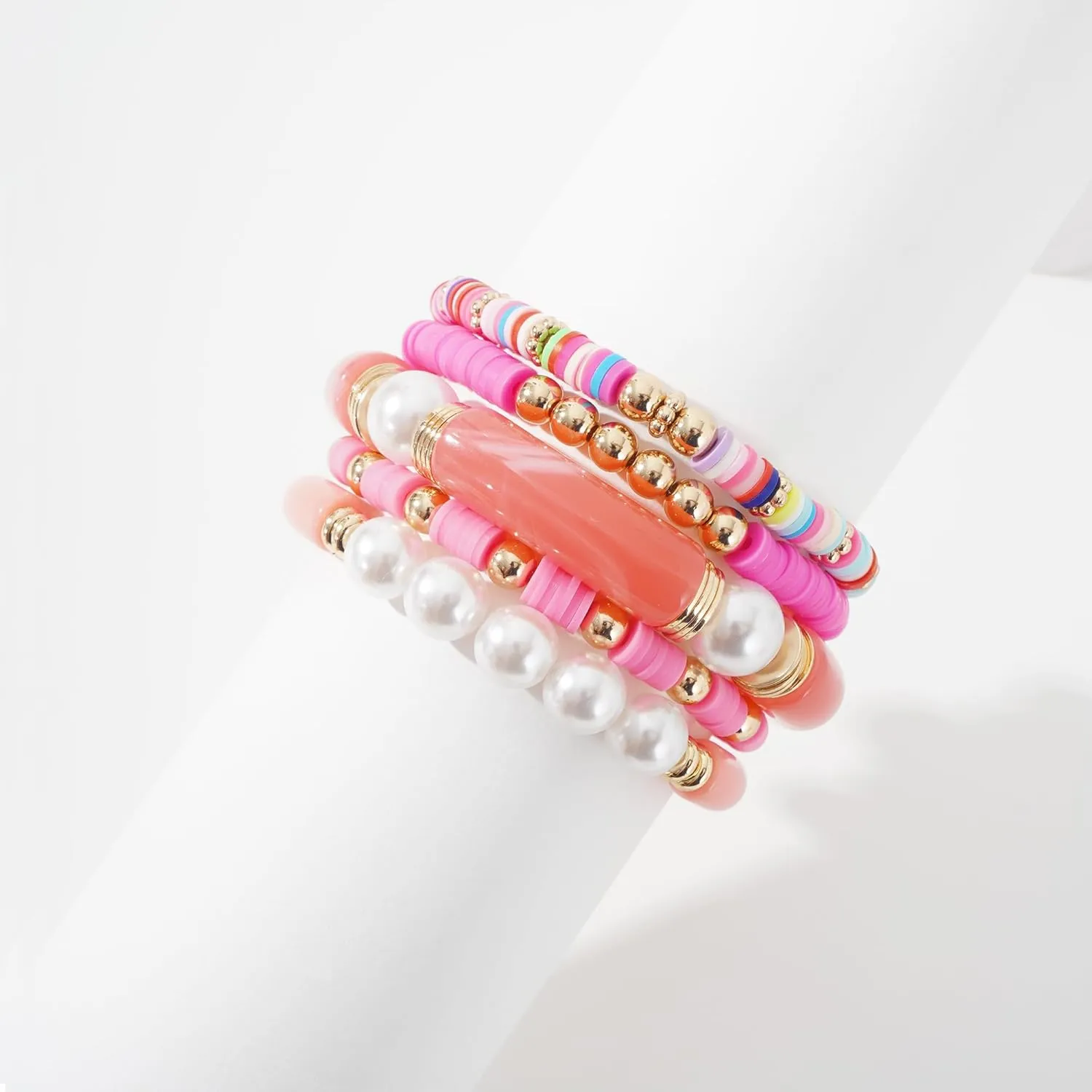 GOOJIDS Simple Beaded Gold Bangles Bracelet Chunky Bamboo Tube Curved Stacking Clear Acrylic Colorful Beads Stretchable Gold Bracelets Set For Women