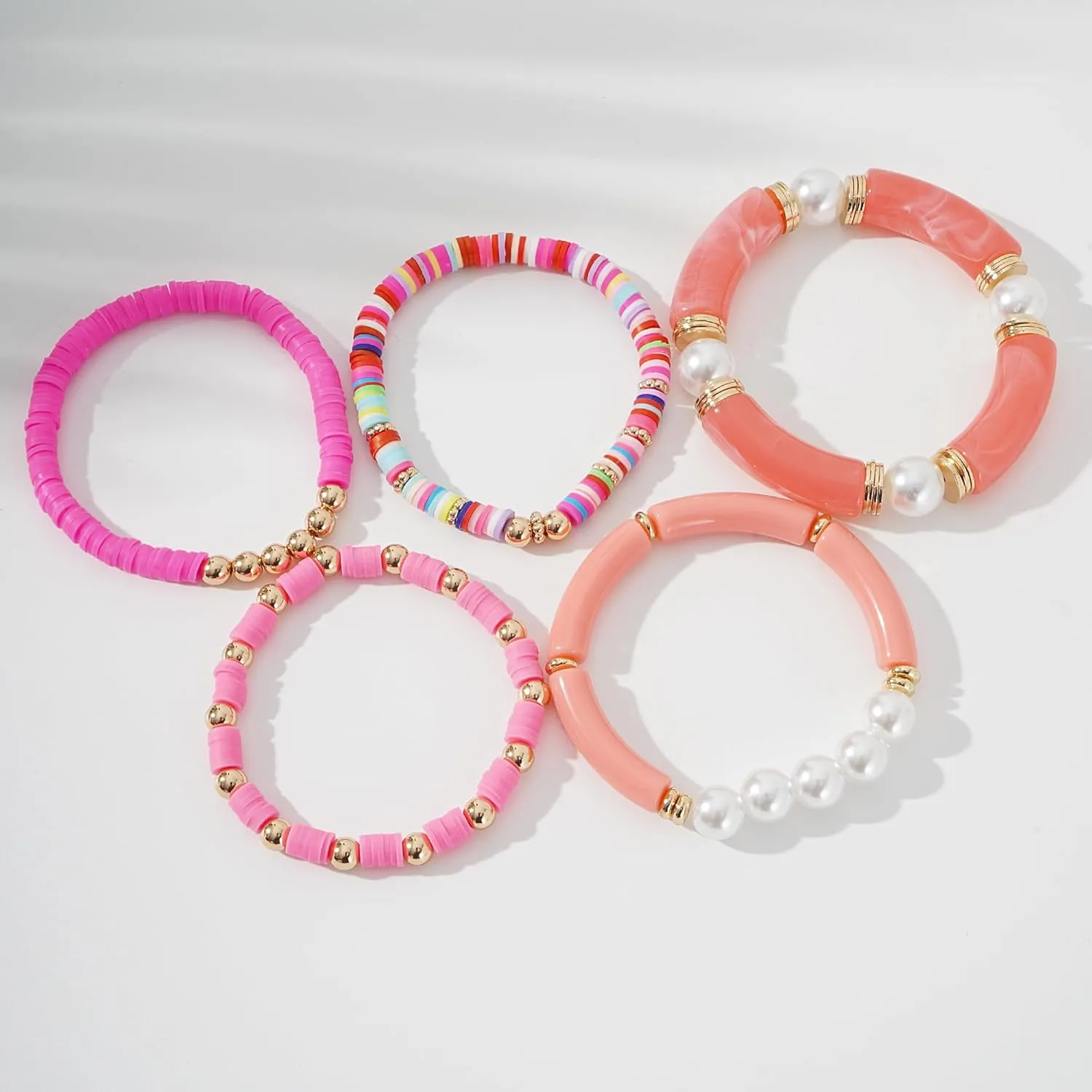 GOOJIDS Simple Beaded Gold Bangles Bracelet Chunky Bamboo Tube Curved Stacking Clear Acrylic Colorful Beads Stretchable Gold Bracelets Set For Women