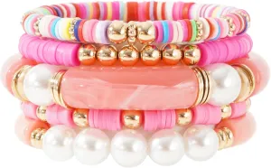 GOOJIDS Simple Beaded Gold Bangles Bracelet Chunky Bamboo Tube Curved Stacking Clear Acrylic Colorful Beads Stretchable Gold Bracelets Set For Women