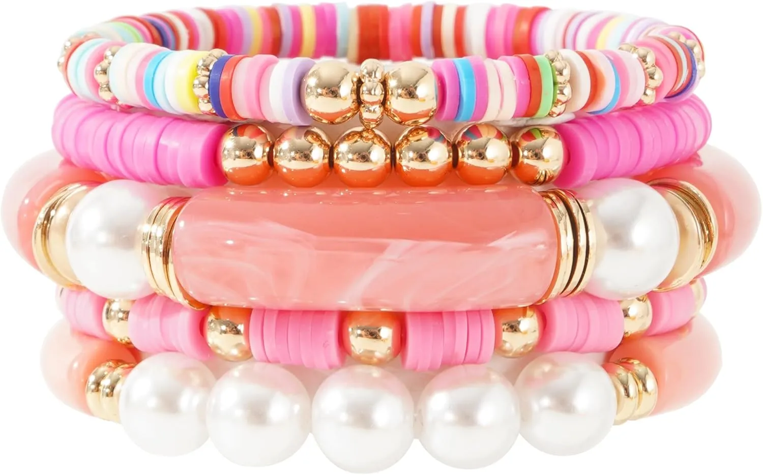 GOOJIDS Simple Beaded Gold Bangles Bracelet Chunky Bamboo Tube Curved Stacking Clear Acrylic Colorful Beads Stretchable Gold Bracelets Set For Women