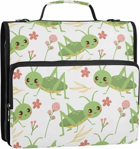 Grasshoppers and Flowers Cute Zipper Binder, 1.5 inch 3 Ring Binder Organizer Bag with Shoulder Strap and Handle, 500 Sheet Capacity