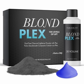 HAIR BAR NYC Blond Plex Extreme 10X Lightener   30 Volume Anti-Yellow Violet Developer Kit - Black/Charcoal Dust-Free Hair Bleach with Keratin & Bond Building, Cool-Toned, Bright Finish Kit 60g/2.11oz