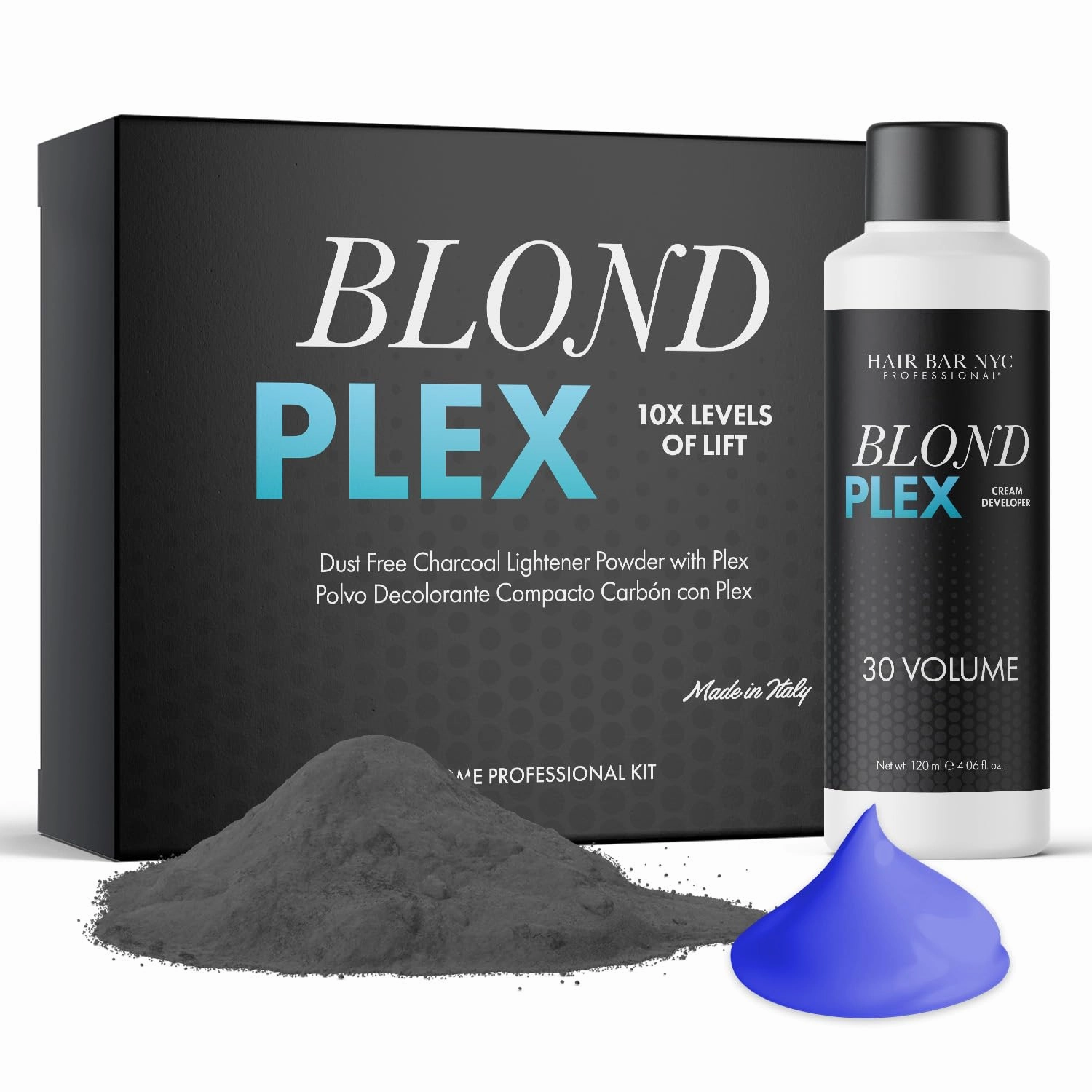 HAIR BAR NYC Blond Plex Extreme 10X Lightener   30 Volume Anti-Yellow Violet Developer Kit - Black/Charcoal Dust-Free Hair Bleach with Keratin & Bond Building, Cool-Toned, Bright Finish Kit 60g/2.11oz