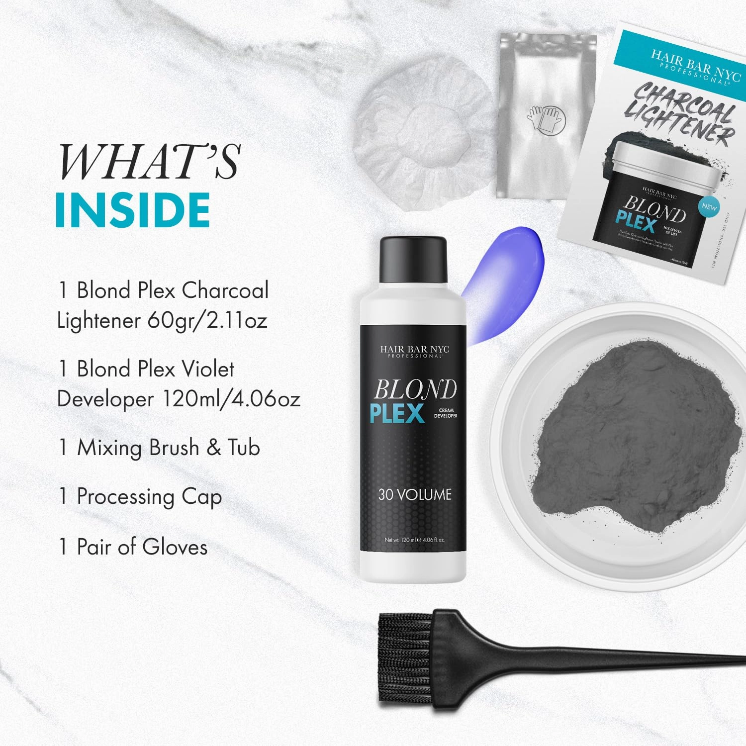 HAIR BAR NYC Blond Plex Extreme 10X Lightener   30 Volume Anti-Yellow Violet Developer Kit - Black/Charcoal Dust-Free Hair Bleach with Keratin & Bond Building, Cool-Toned, Bright Finish Kit 60g/2.11oz