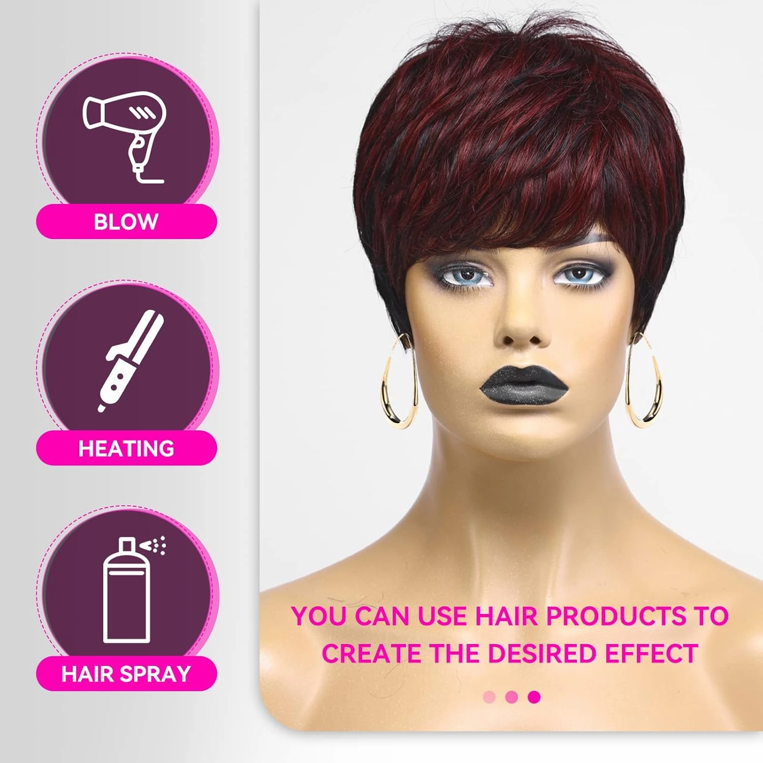 HAIRCUBE 1B Mix Wine Red Pixie Cut Wigs - Human Hair, Short Remy Wavy Wigs (Pixie Cut, Black with Wine Red)
