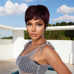 HAIRCUBE 1B Mix Wine Red Pixie Cut Wigs - Human Hair, Short Remy Wavy Wigs (Pixie Cut, Black with Wine Red)