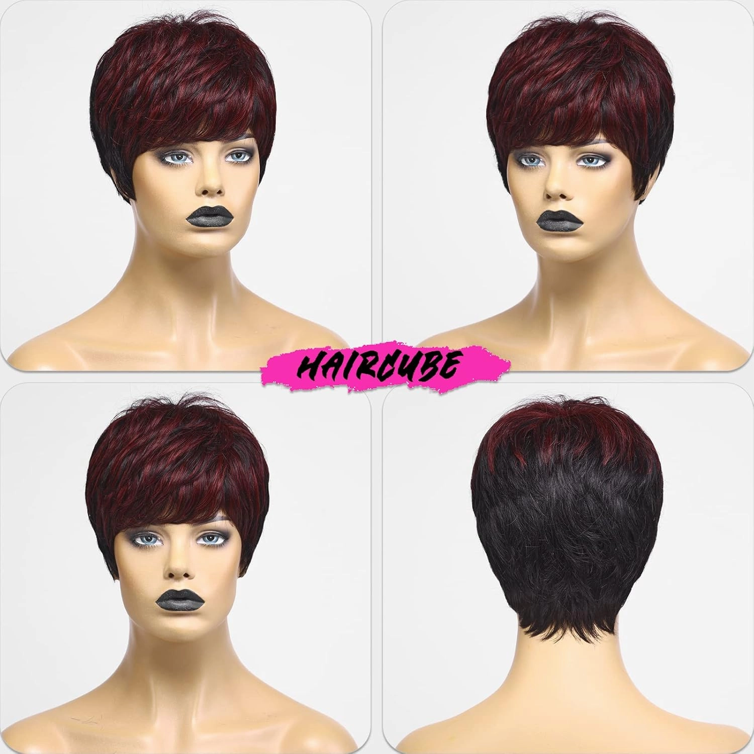 HAIRCUBE 1B Mix Wine Red Pixie Cut Wigs - Human Hair, Short Remy Wavy Wigs (Pixie Cut, Black with Wine Red)