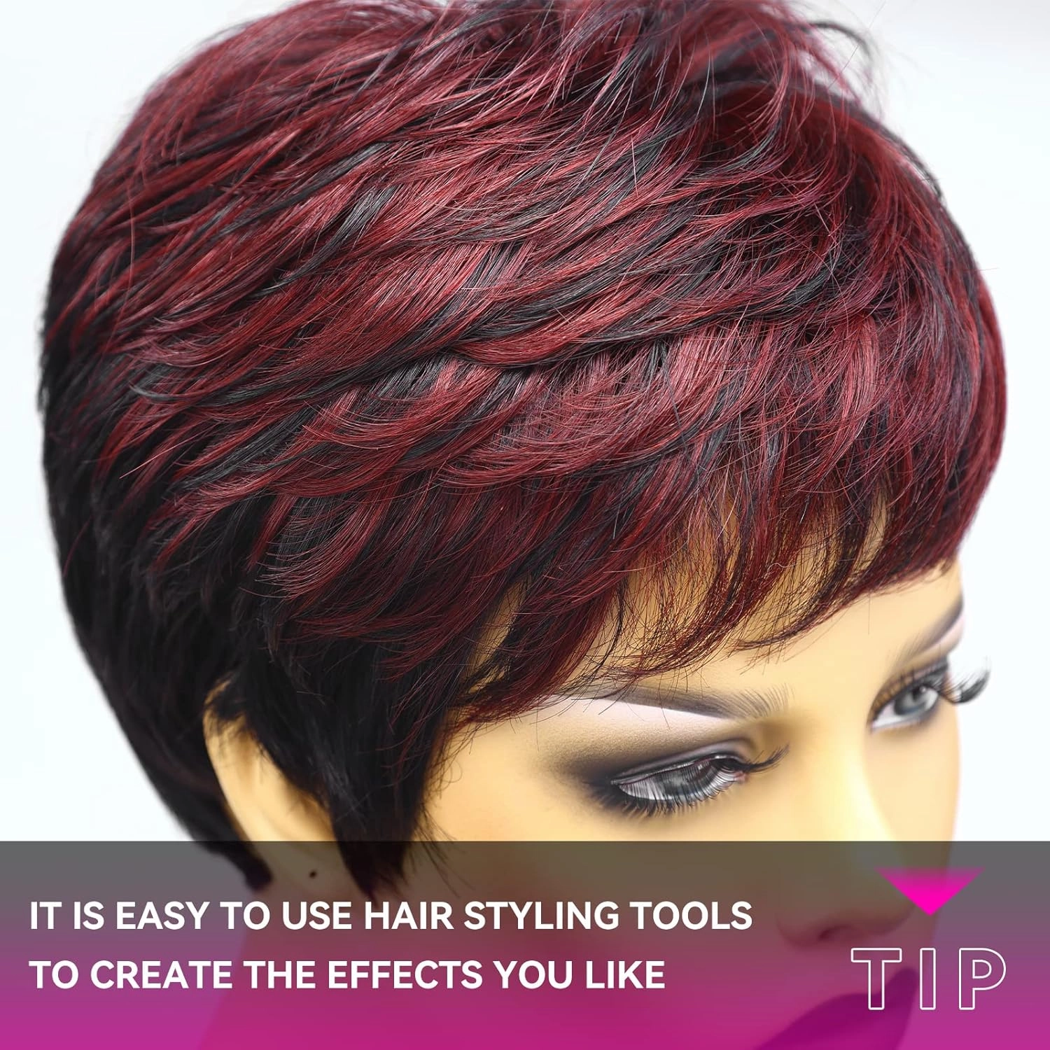 HAIRCUBE 1B Mix Wine Red Pixie Cut Wigs - Human Hair, Short Remy Wavy Wigs (Pixie Cut, Black with Wine Red)