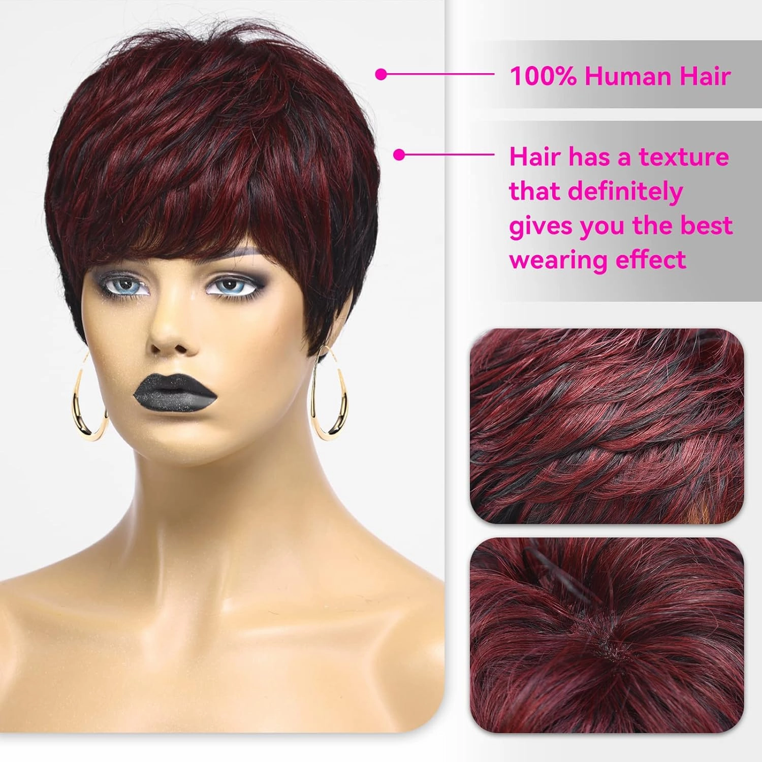 HAIRCUBE 1B Mix Wine Red Pixie Cut Wigs - Human Hair, Short Remy Wavy Wigs (Pixie Cut, Black with Wine Red)