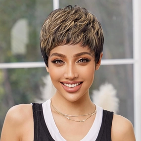 HAIRCUBE 1B Mixed Blonde Pixie Cut Wigs for Women - Short Remy Hair, Black & Blonde Color, Wavy Style