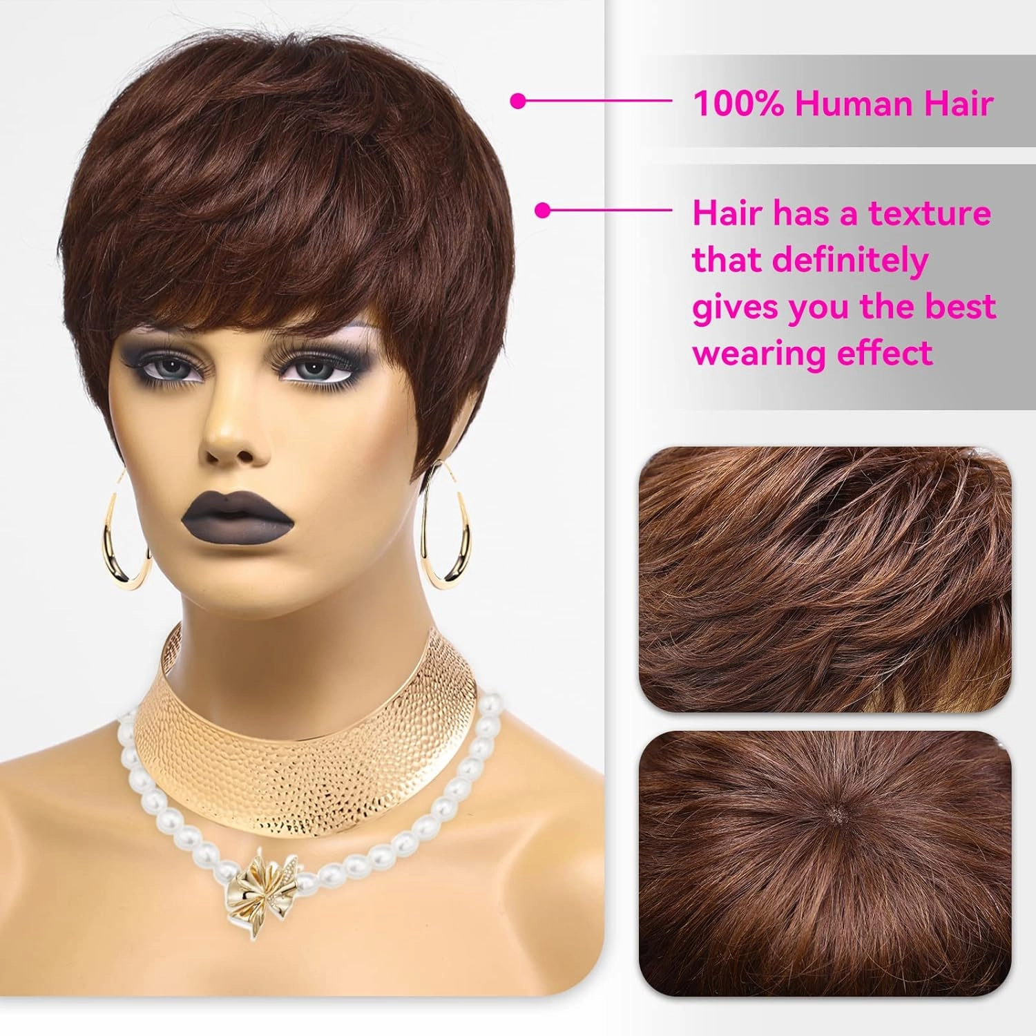 HAIRCUBE Dark Brown Pixie Cut Human Hair Wig for Women - Short Remy Layered Wavy Black Wig