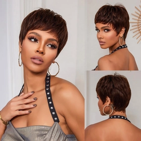 HAIRCUBE Dark Brown Pixie Cut Human Hair Wig for Women - Short Remy Layered Wavy Black Wig