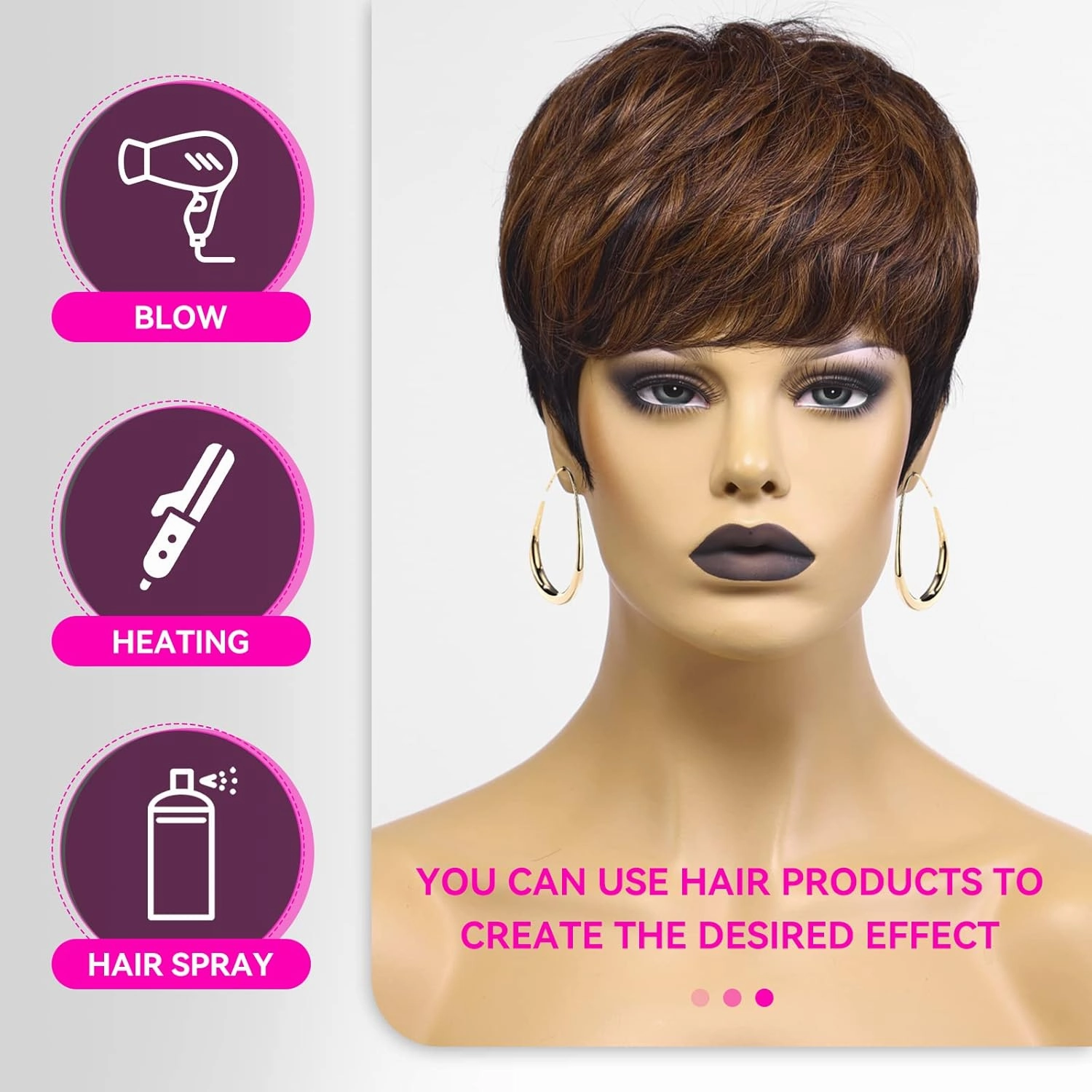 HAIRCUBE Pixie Cut Wigs Black mix Brown for Women Pixie Cut Human Hair Wigs Short Remy Hair Black with Brown Color Short Black Layered Wavy Wigs (pixie cut wig, black with brown)